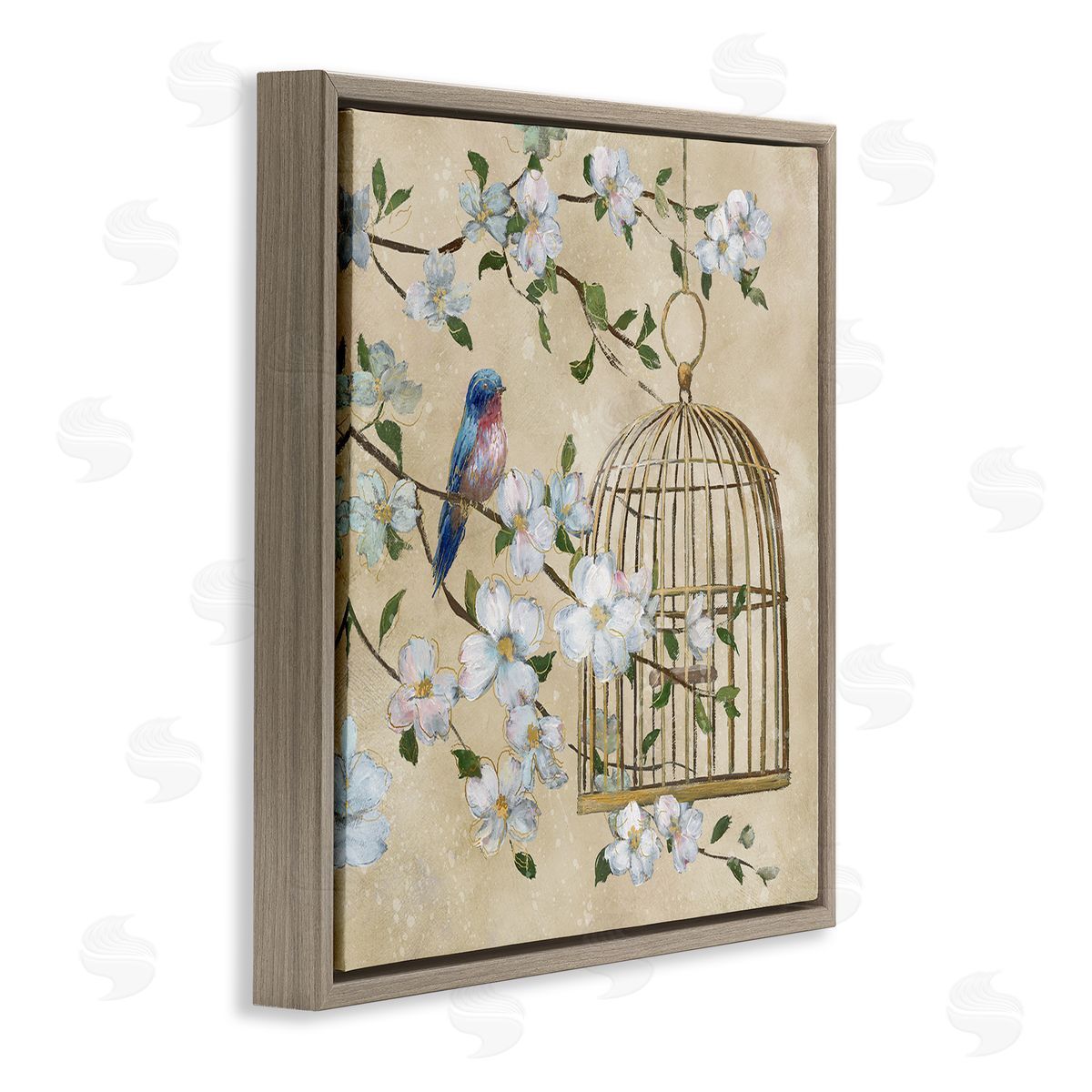 Nan Evening Song Birdcage Over Beige Canvas Wall Art Print
