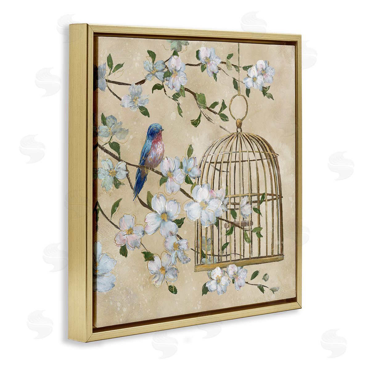 Nan Evening Song Birdcage Over Beige Canvas Wall Art Print