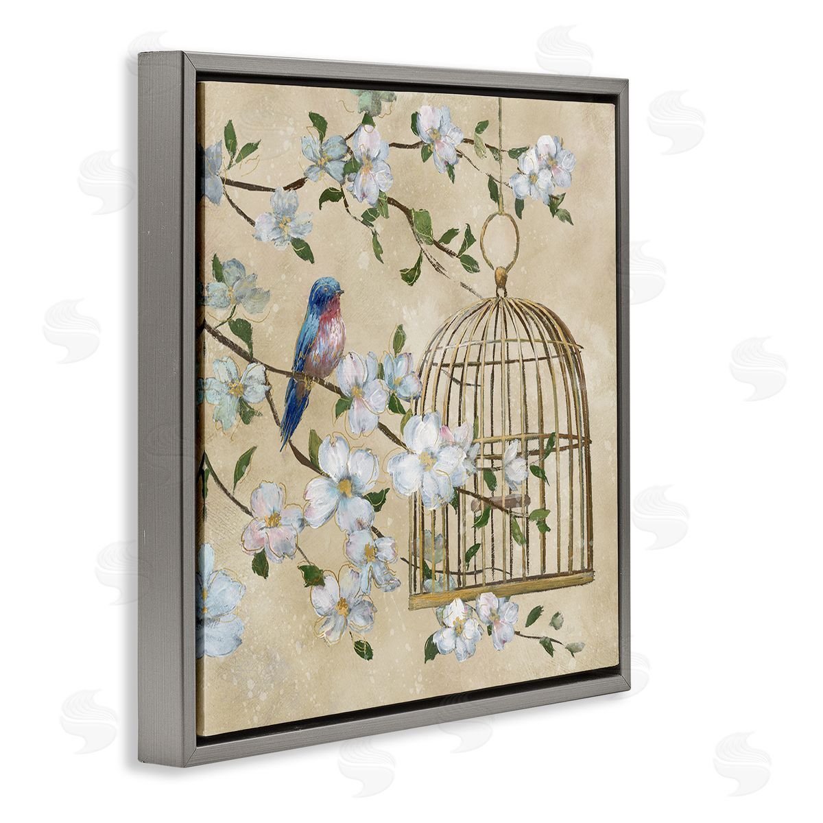 Nan Evening Song Birdcage Over Beige Canvas Wall Art Print