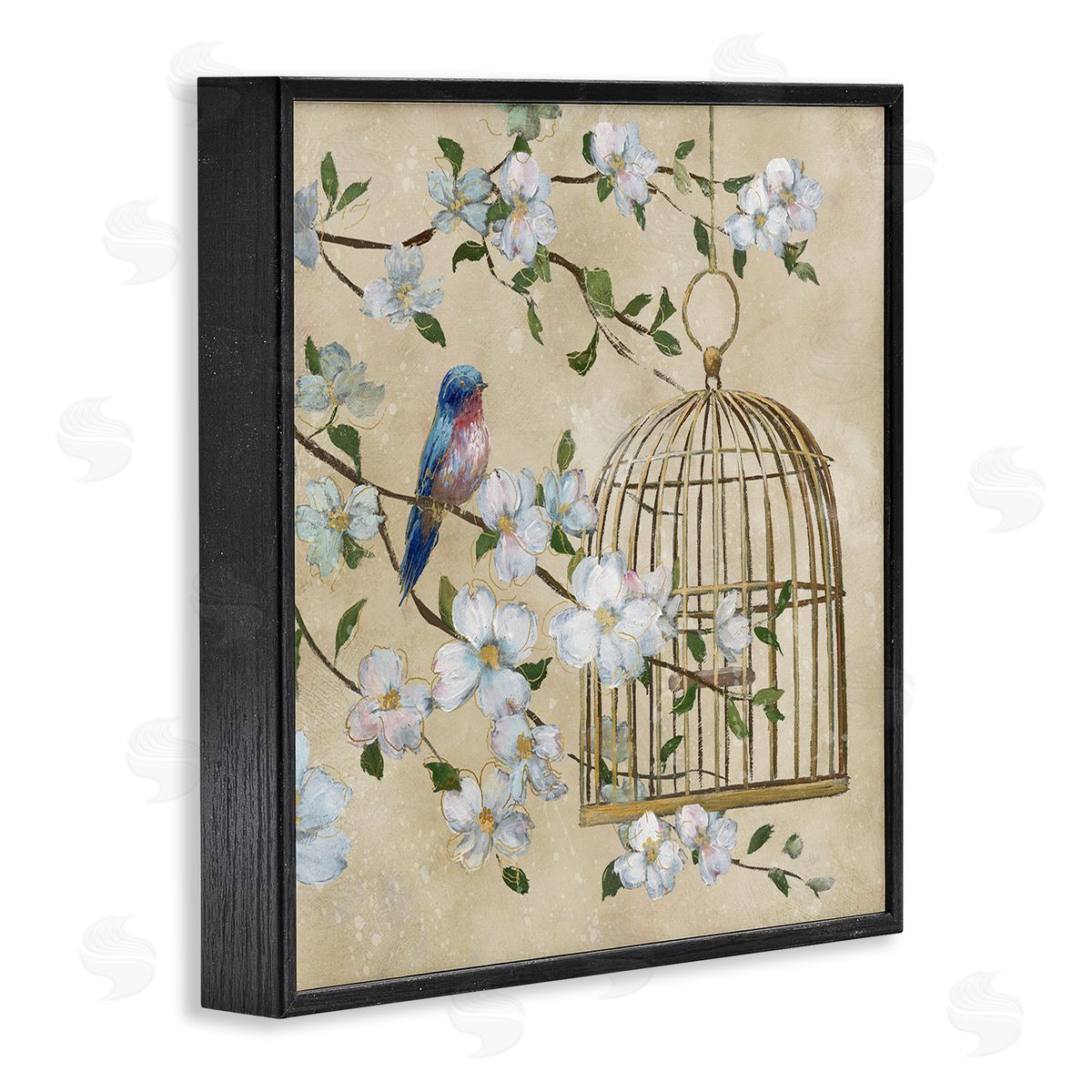 Nan Evening Song Birdcage Over Beige Canvas Wall Art Print