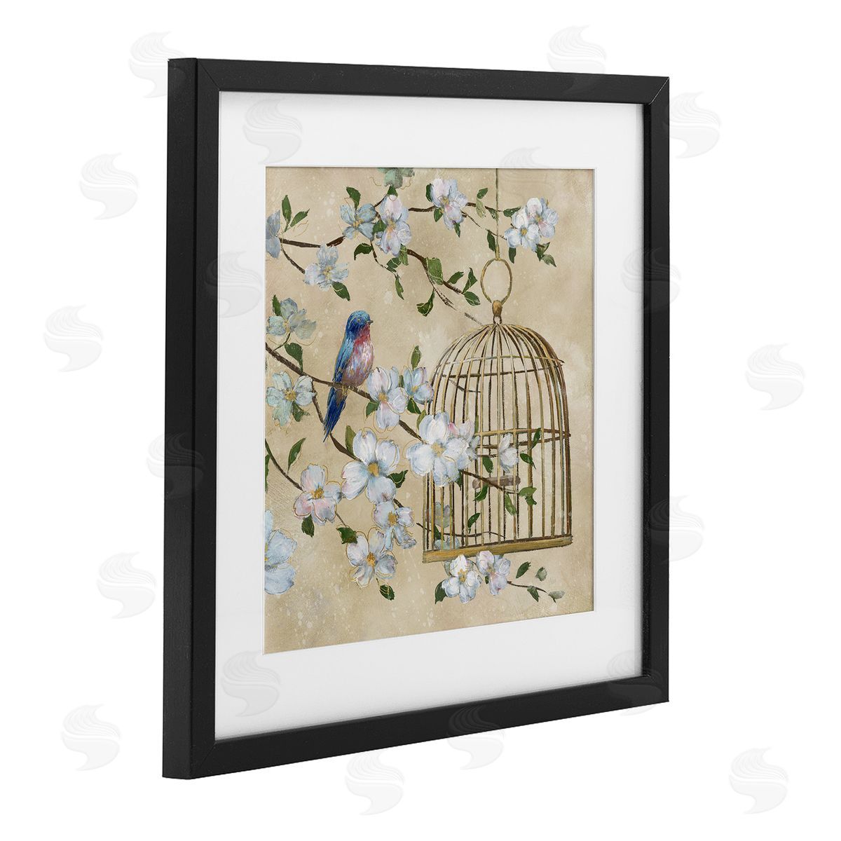 Nan Evening Song Birdcage Over Beige Canvas Wall Art Print