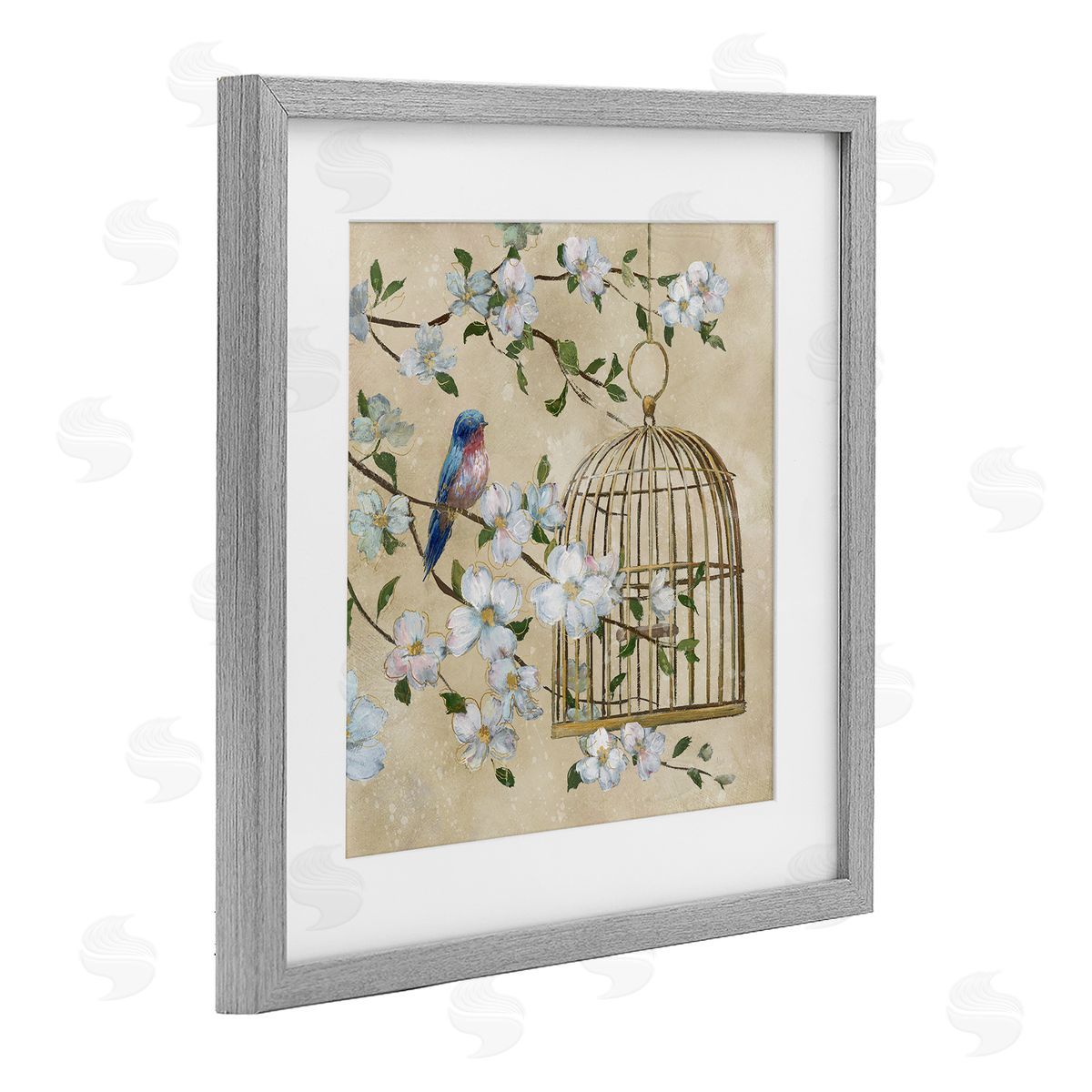 Nan Evening Song Birdcage Over Beige Canvas Wall Art Print