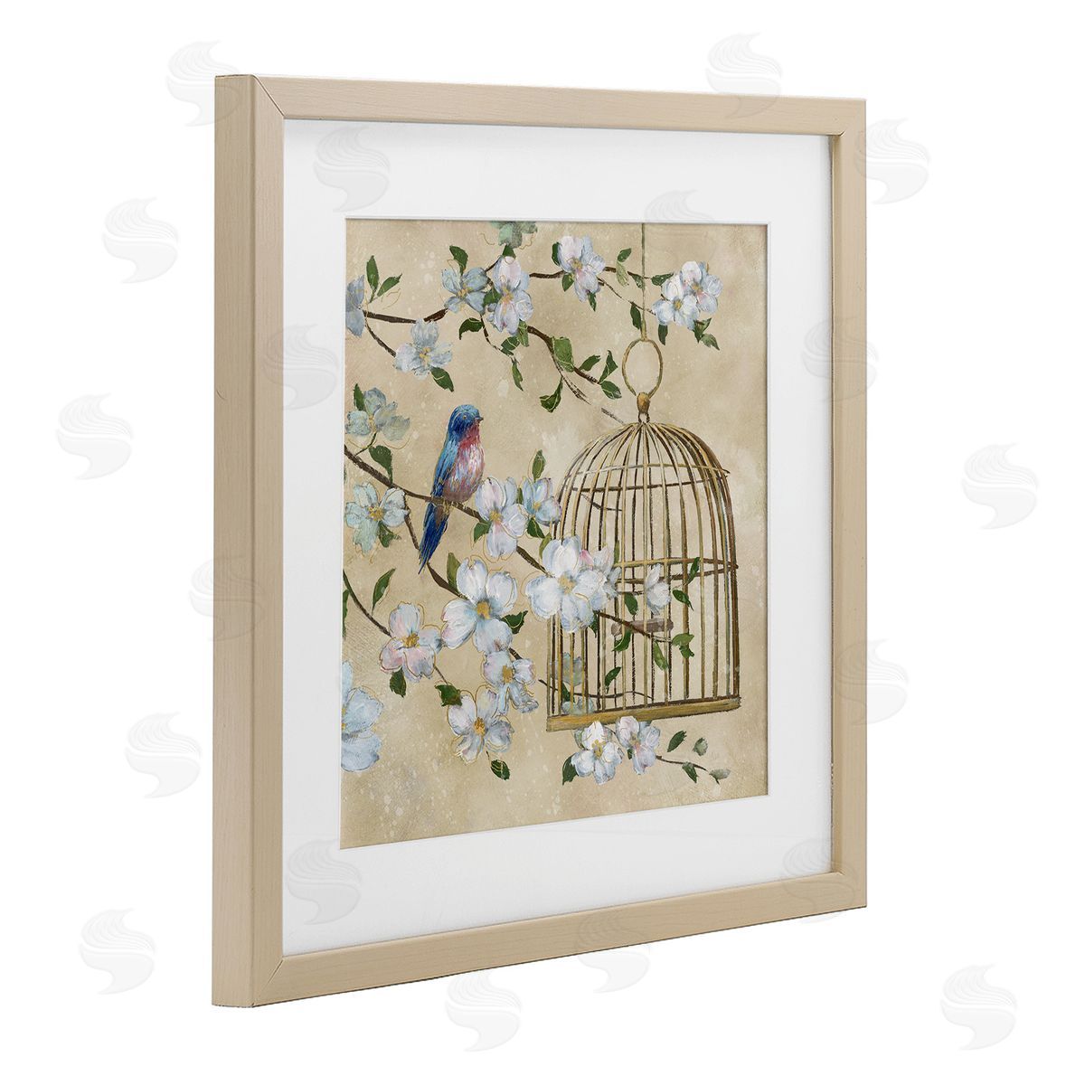 Nan Evening Song Birdcage Over Beige Canvas Wall Art Print