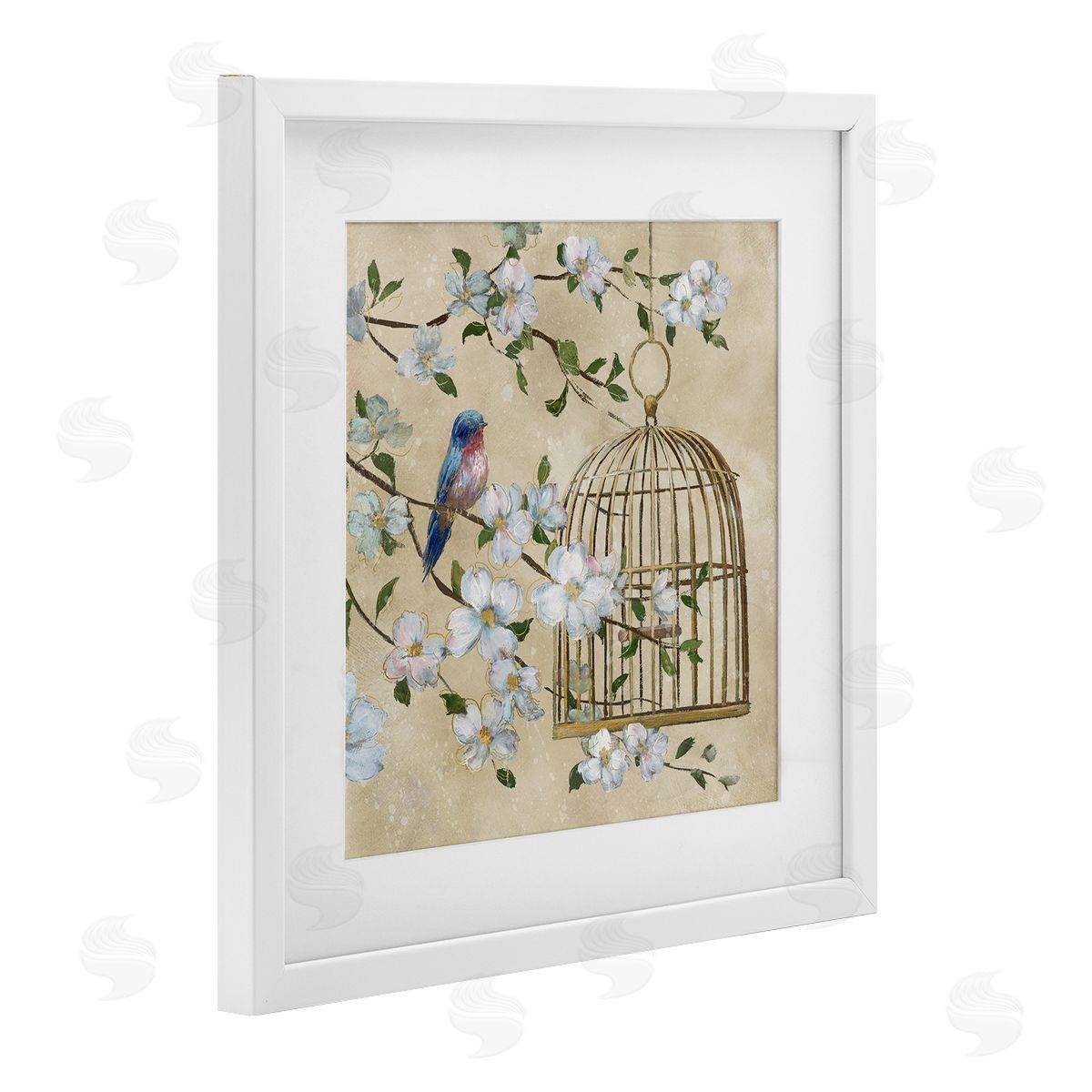 Nan Evening Song Birdcage Over Beige Canvas Wall Art Print