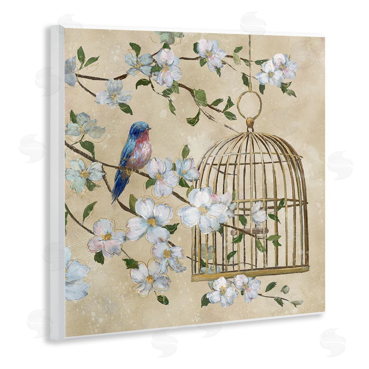 Nan Evening Song Birdcage Over Beige Canvas Wall Art Print