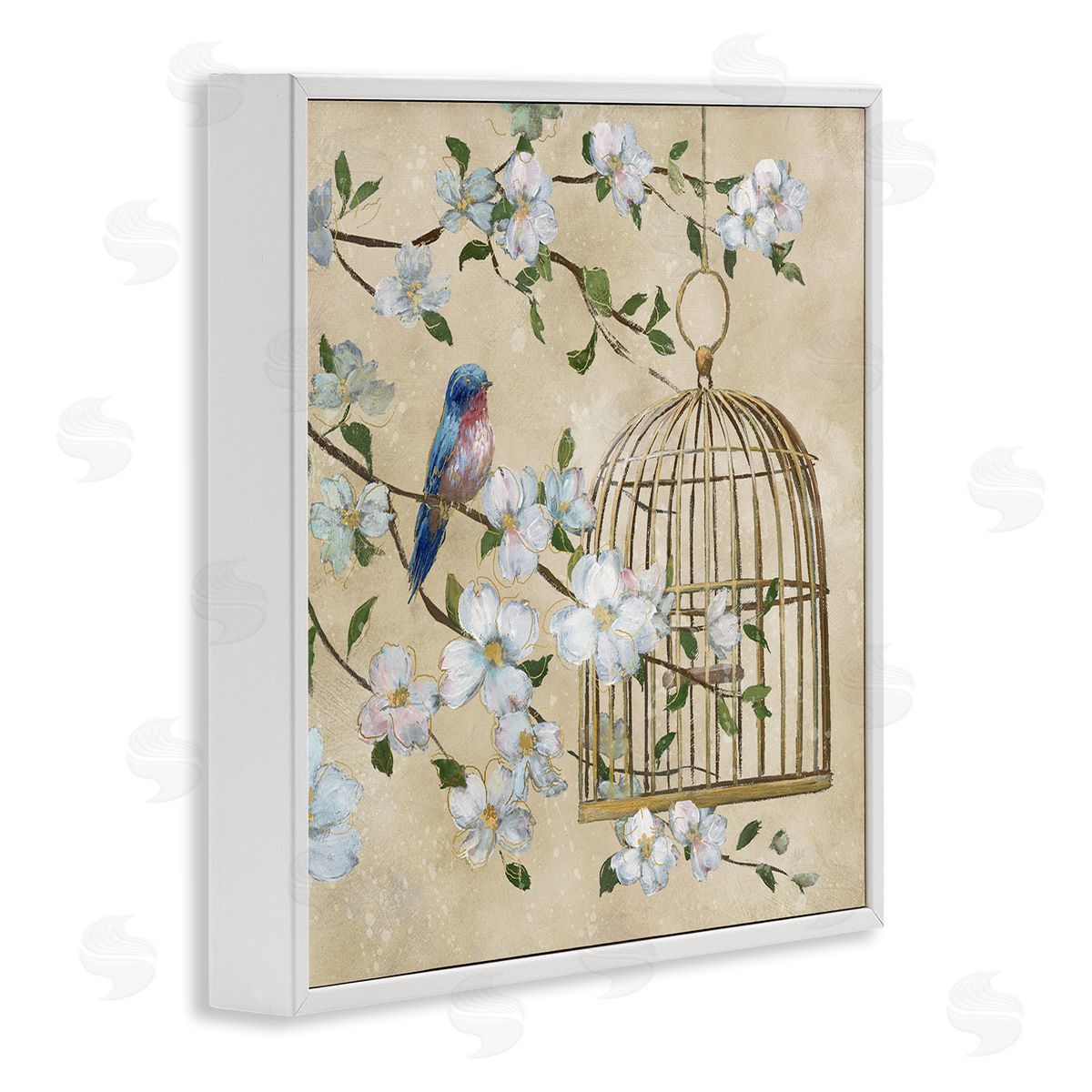 Nan Evening Song Birdcage Over Beige Canvas Wall Art Print