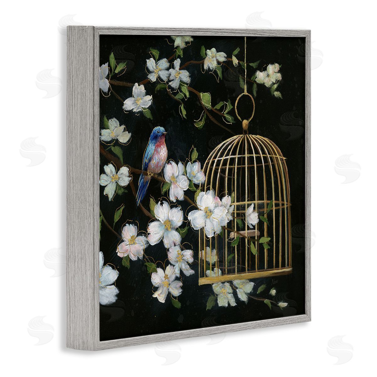 Nan Evening Song Birdcage over Black Canvas Wall Art Print
