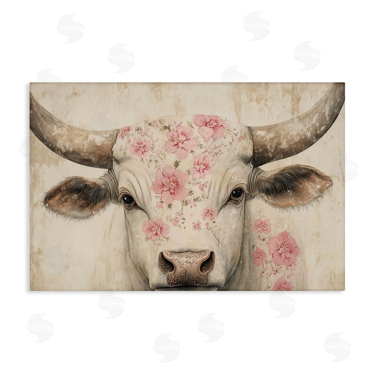 Heidi Kuntz Cattle with Cherry Blossom Pattern Canvas Wall Art Print