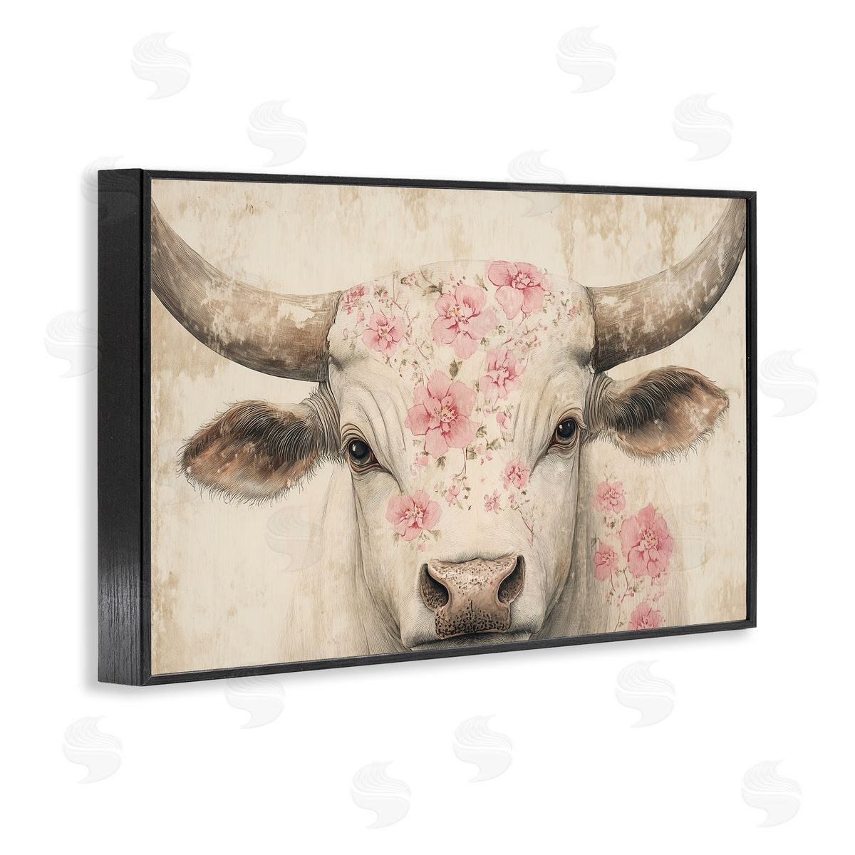 Heidi Kuntz Cattle with Cherry Blossom Pattern Canvas Wall Art Print