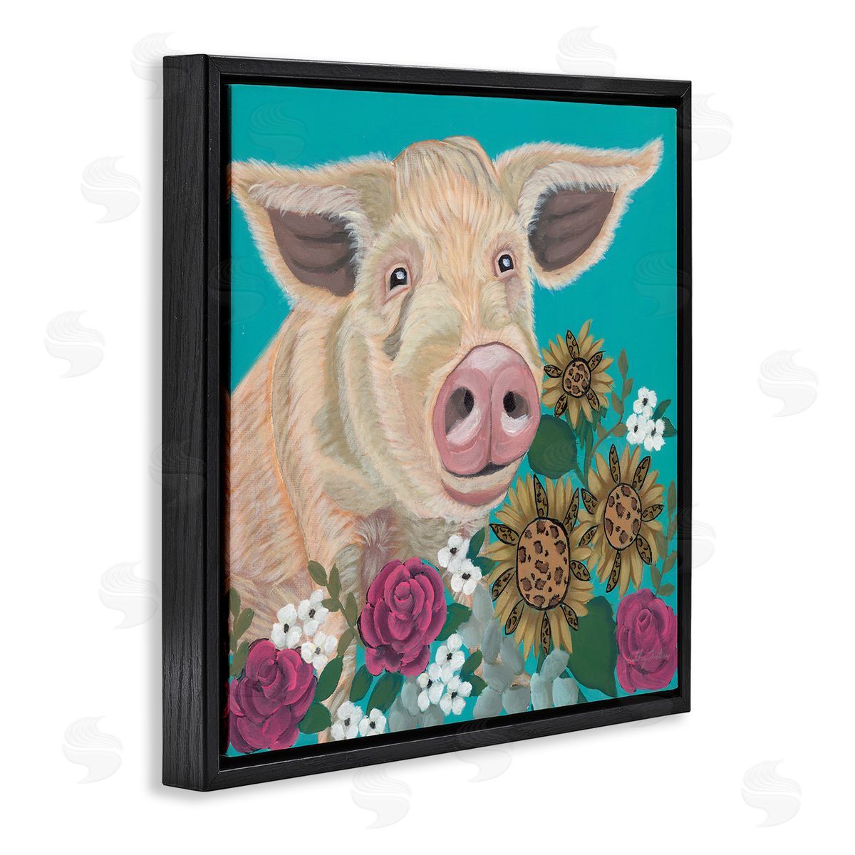 Ashley Justice Pig Portrait with Purple Flowers Canvas Wall Art Print
