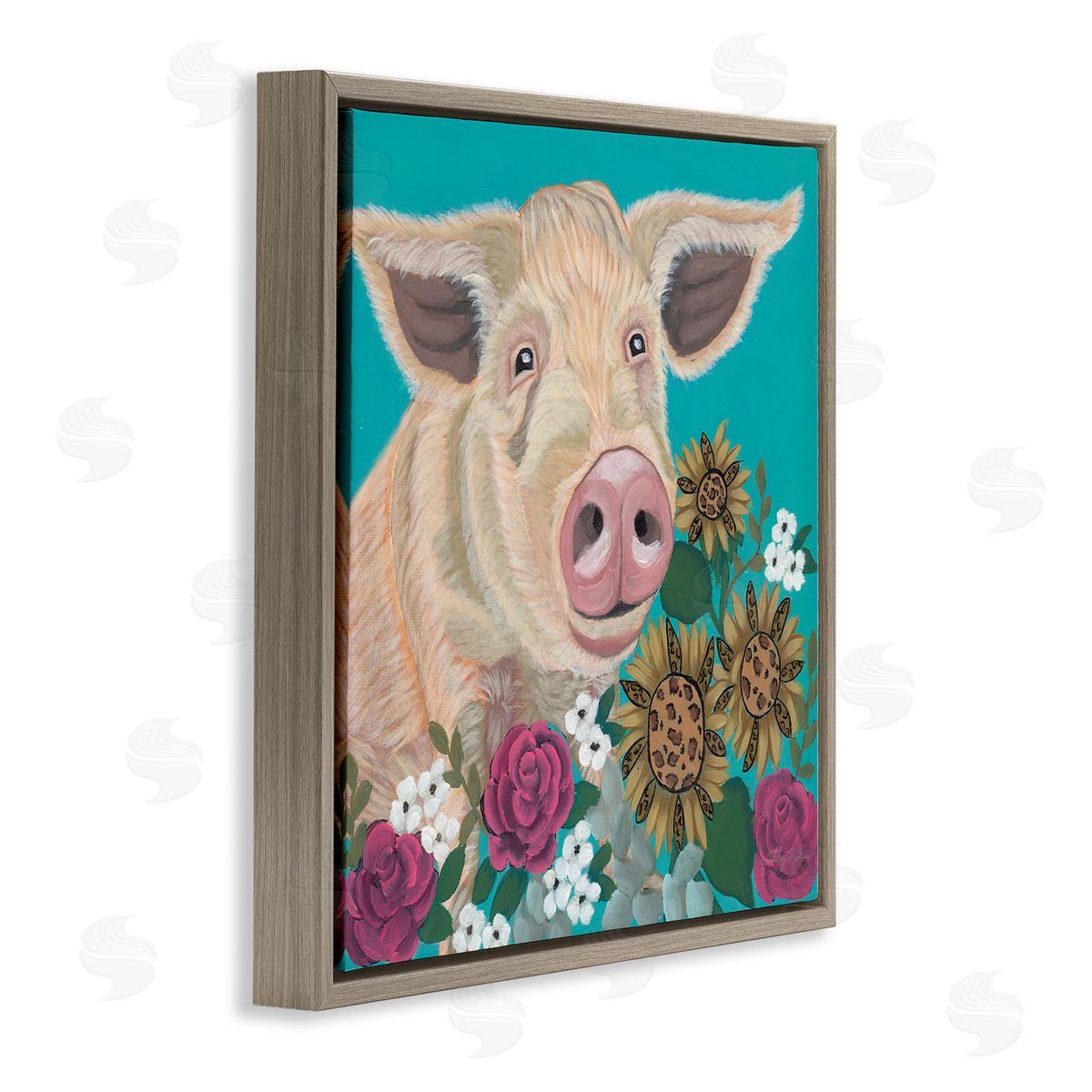 Ashley Justice Pig Portrait with Purple Flowers Canvas Wall Art Print