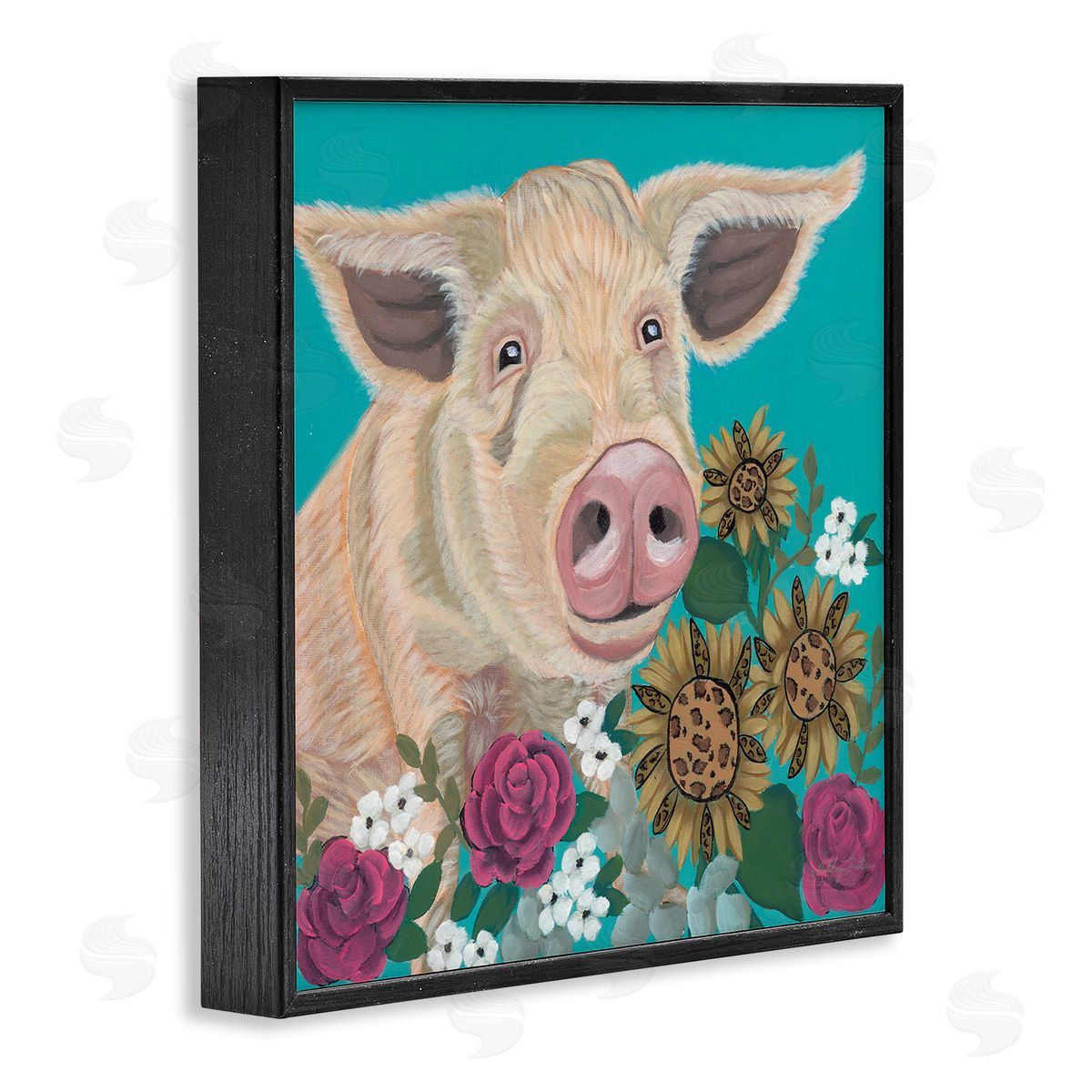 Ashley Justice Pig Portrait with Purple Flowers Canvas Wall Art Print