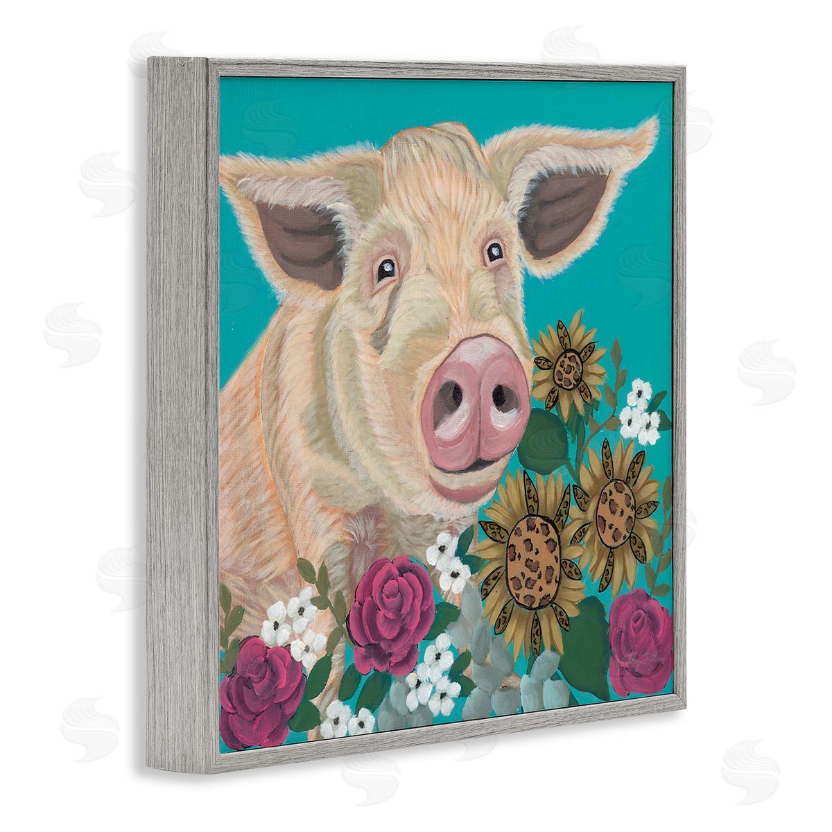 Ashley Justice Pig Portrait with Purple Flowers Canvas Wall Art Print