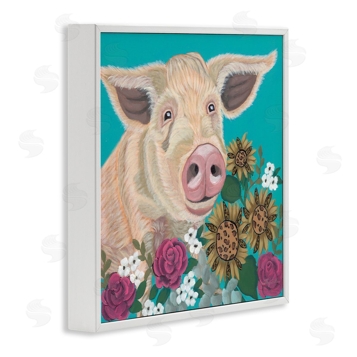 Ashley Justice Pig Portrait with Purple Flowers Canvas Wall Art Print