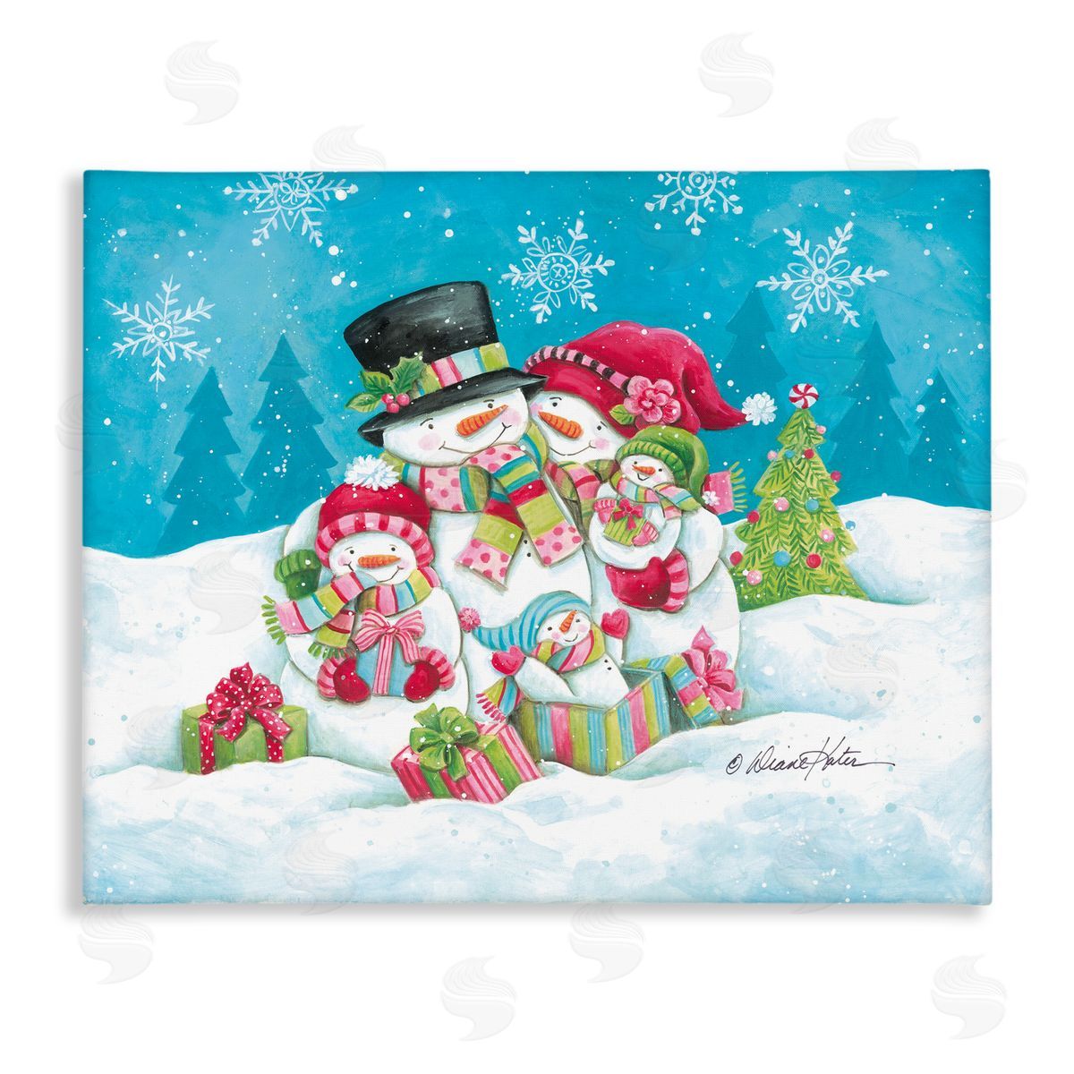 Diane Kater Festive Snowman Family Scene Canvas Wall Art Print