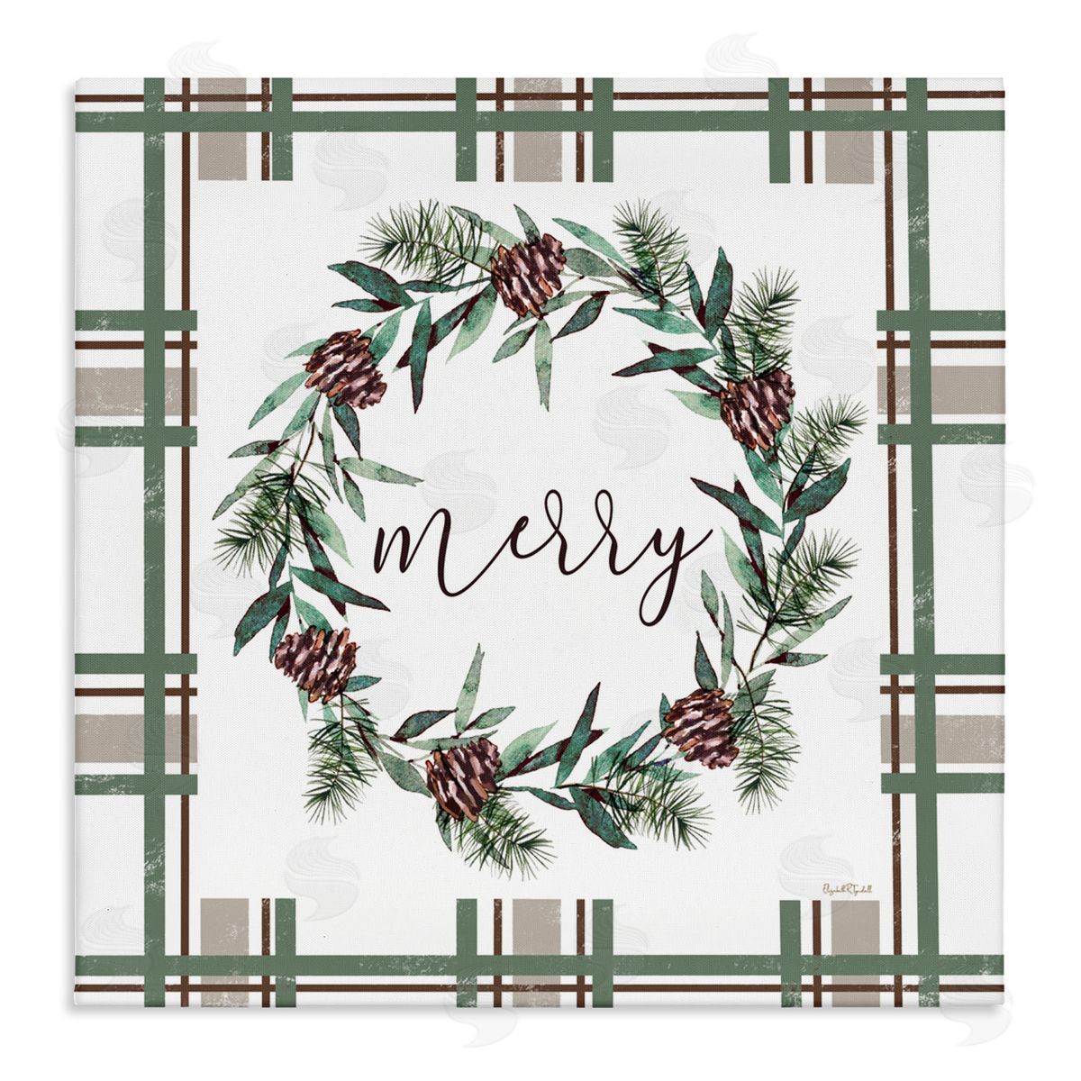 Elizabeth Tyndall Merry Wreath on Green Plaid Canvas Wall Art Print