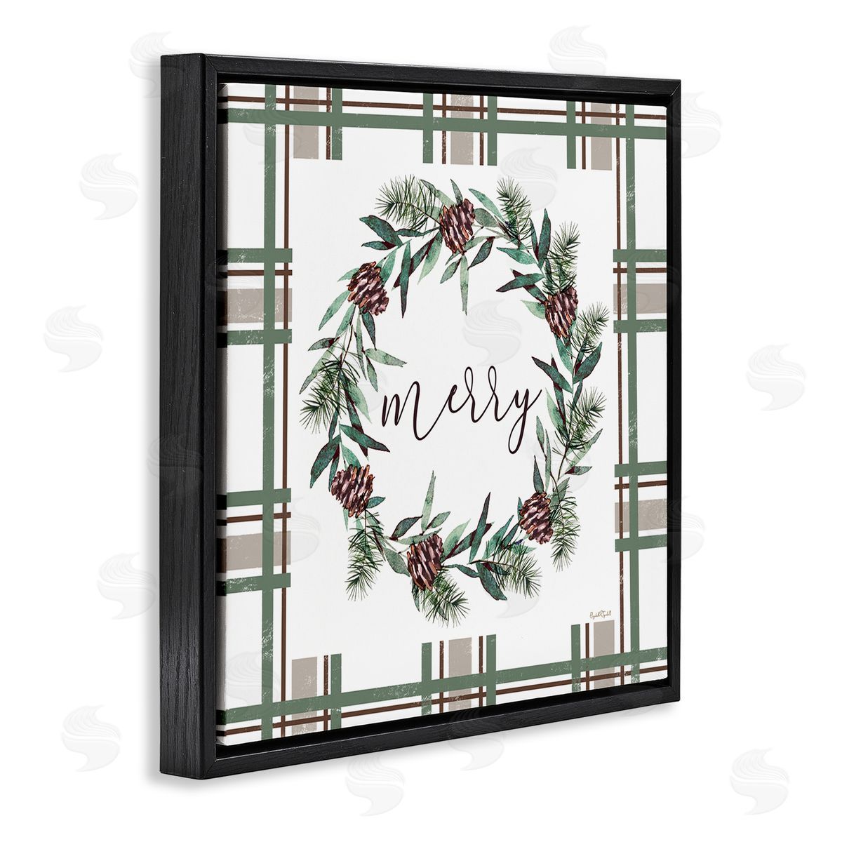 Elizabeth Tyndall Merry Wreath on Green Plaid Canvas Wall Art Print