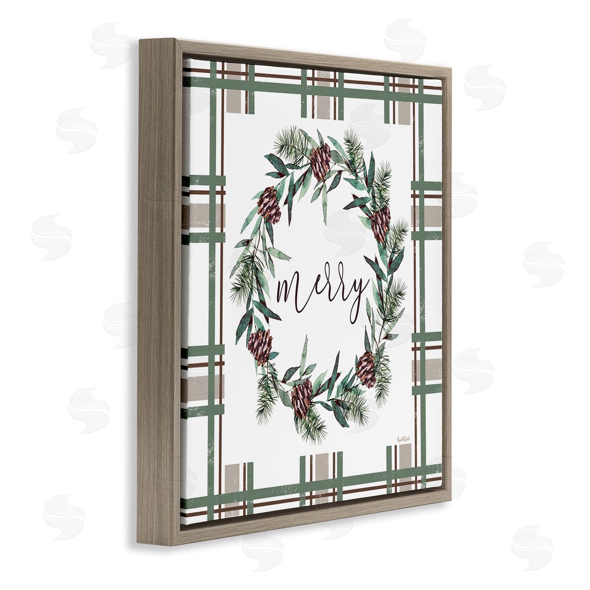 Elizabeth Tyndall Merry Wreath on Green Plaid Canvas Wall Art Print