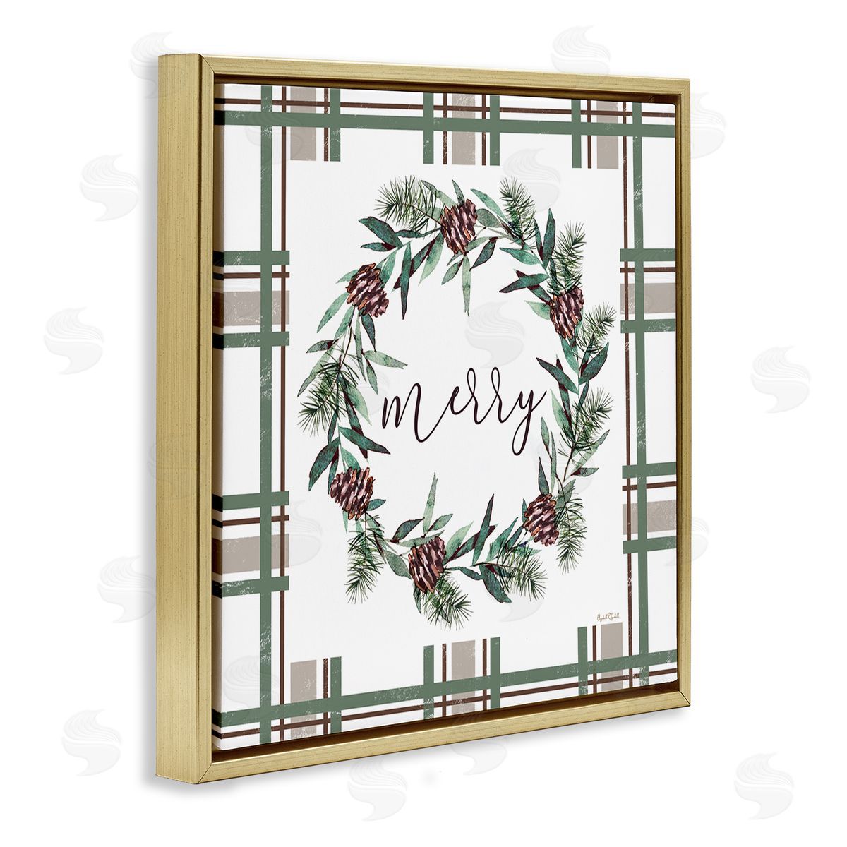 Elizabeth Tyndall Merry Wreath on Green Plaid Canvas Wall Art Print