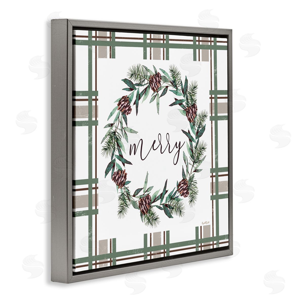 Elizabeth Tyndall Merry Wreath on Green Plaid Canvas Wall Art Print