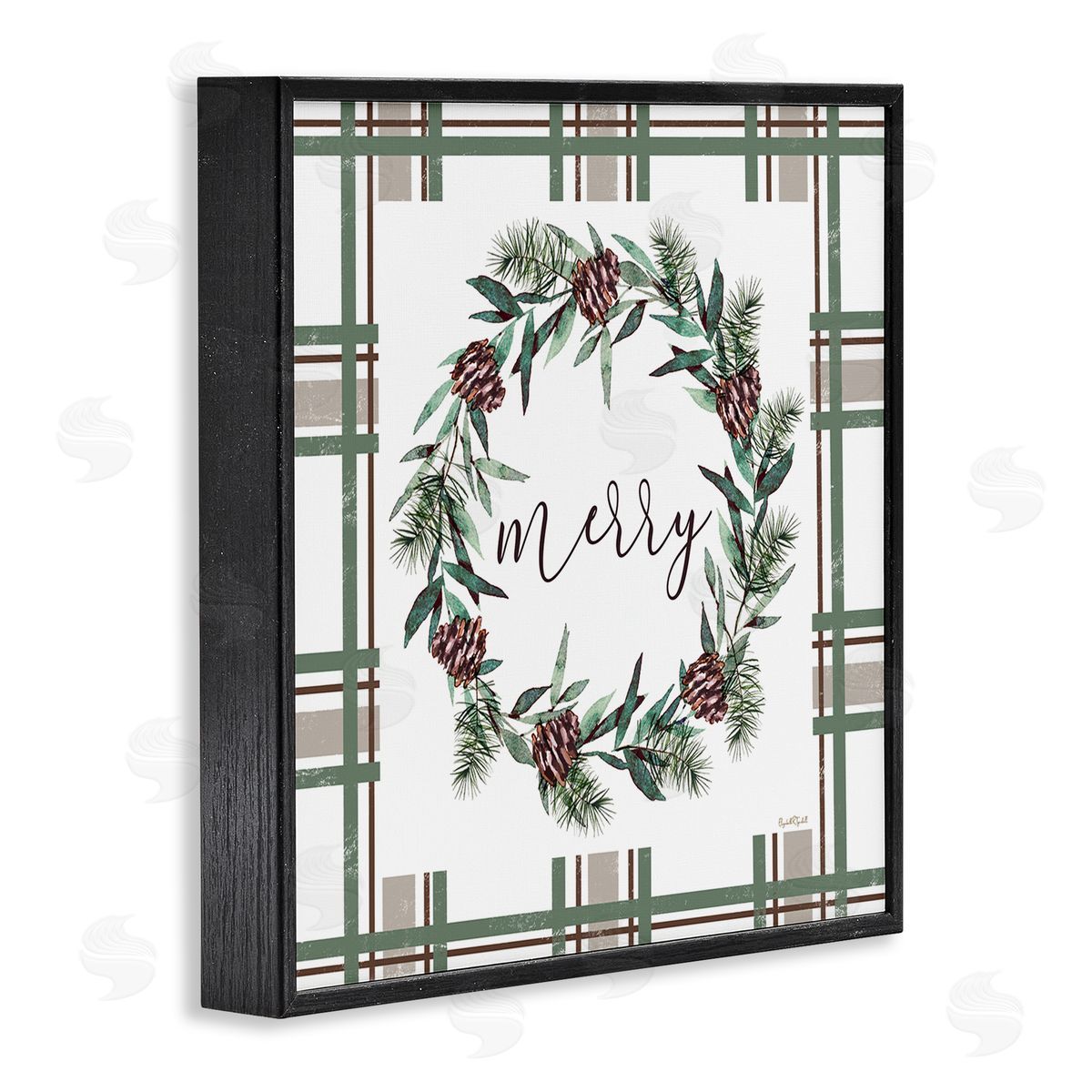 Elizabeth Tyndall Merry Wreath on Green Plaid Canvas Wall Art Print
