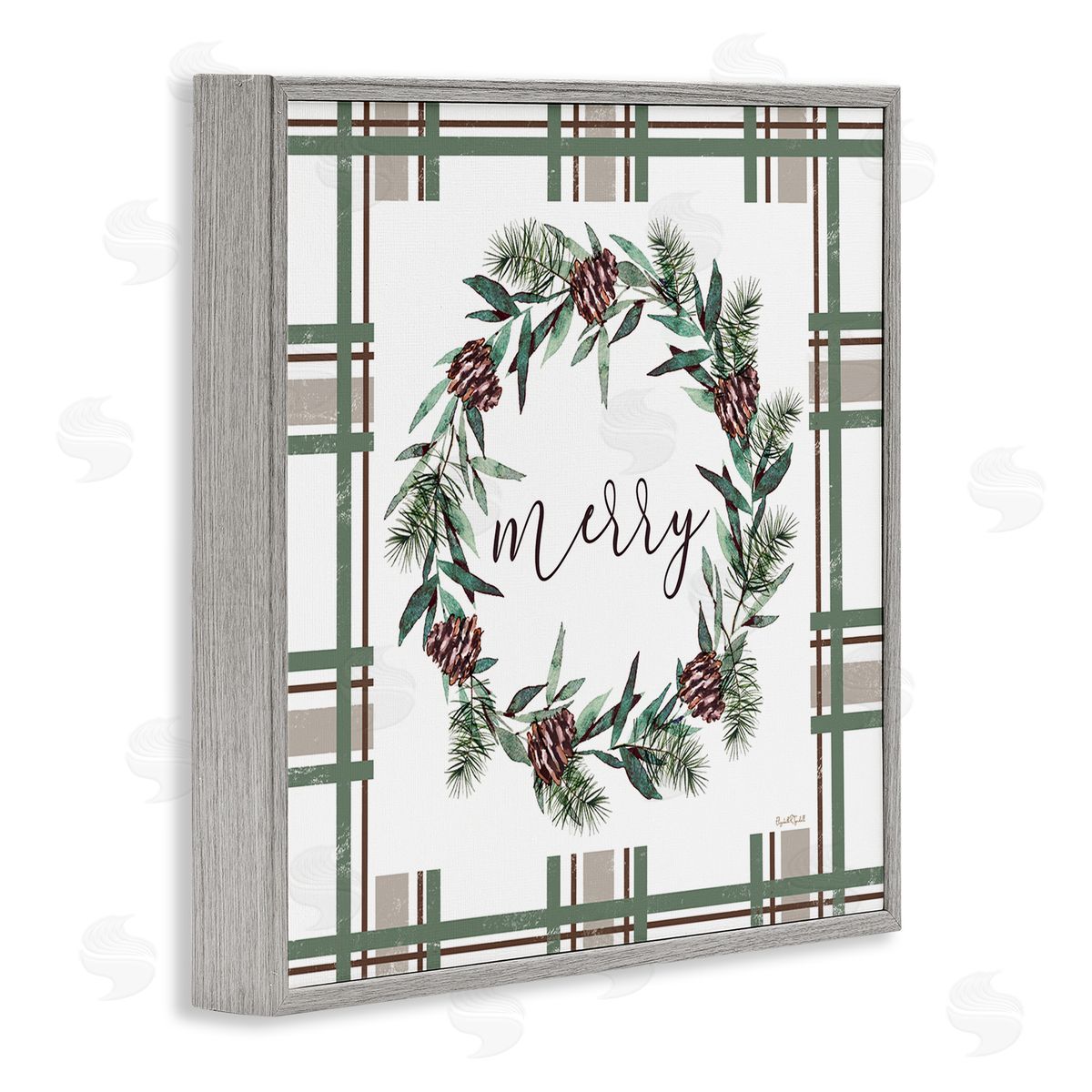 Elizabeth Tyndall Merry Wreath on Green Plaid Canvas Wall Art Print