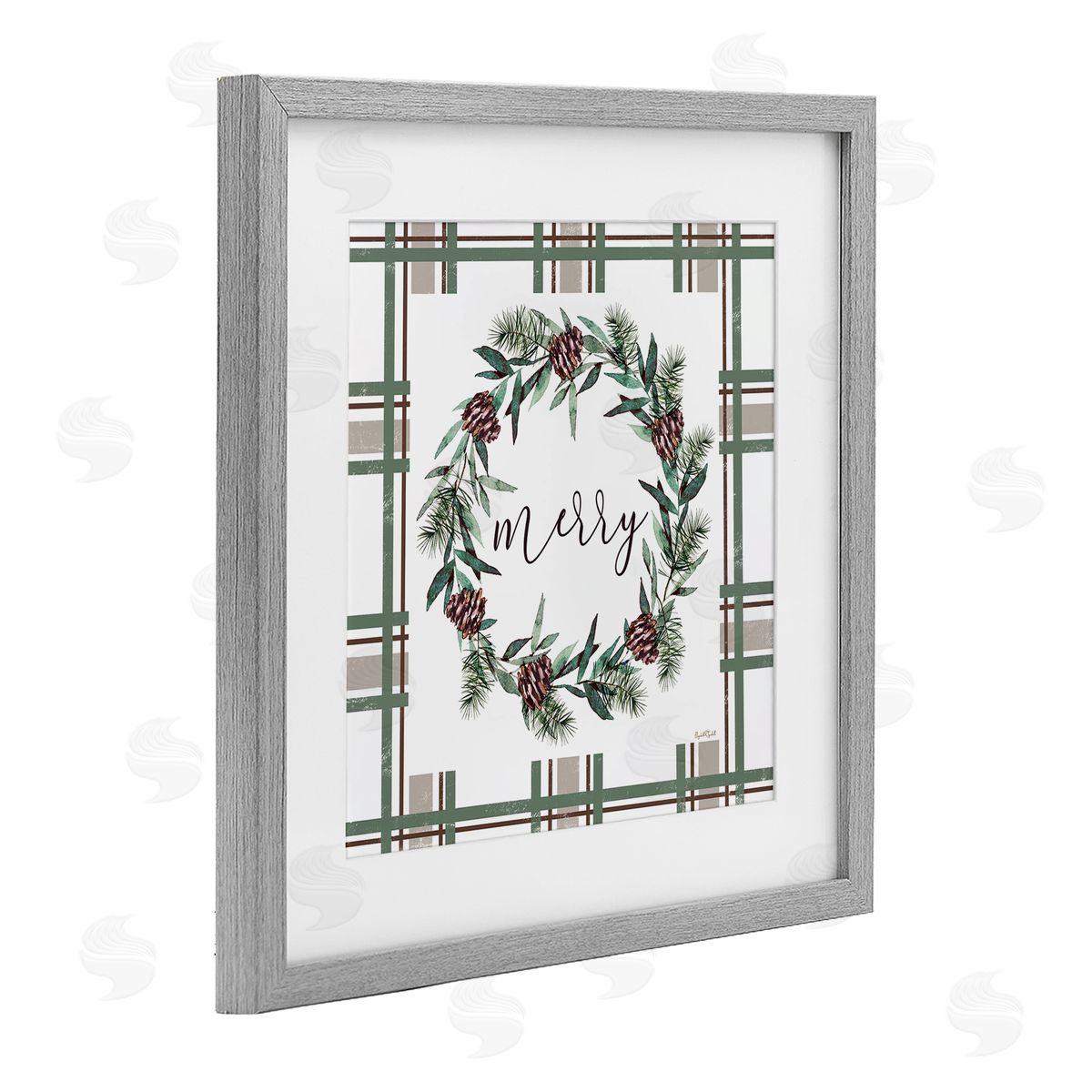 Elizabeth Tyndall Merry Wreath on Green Plaid Canvas Wall Art Print