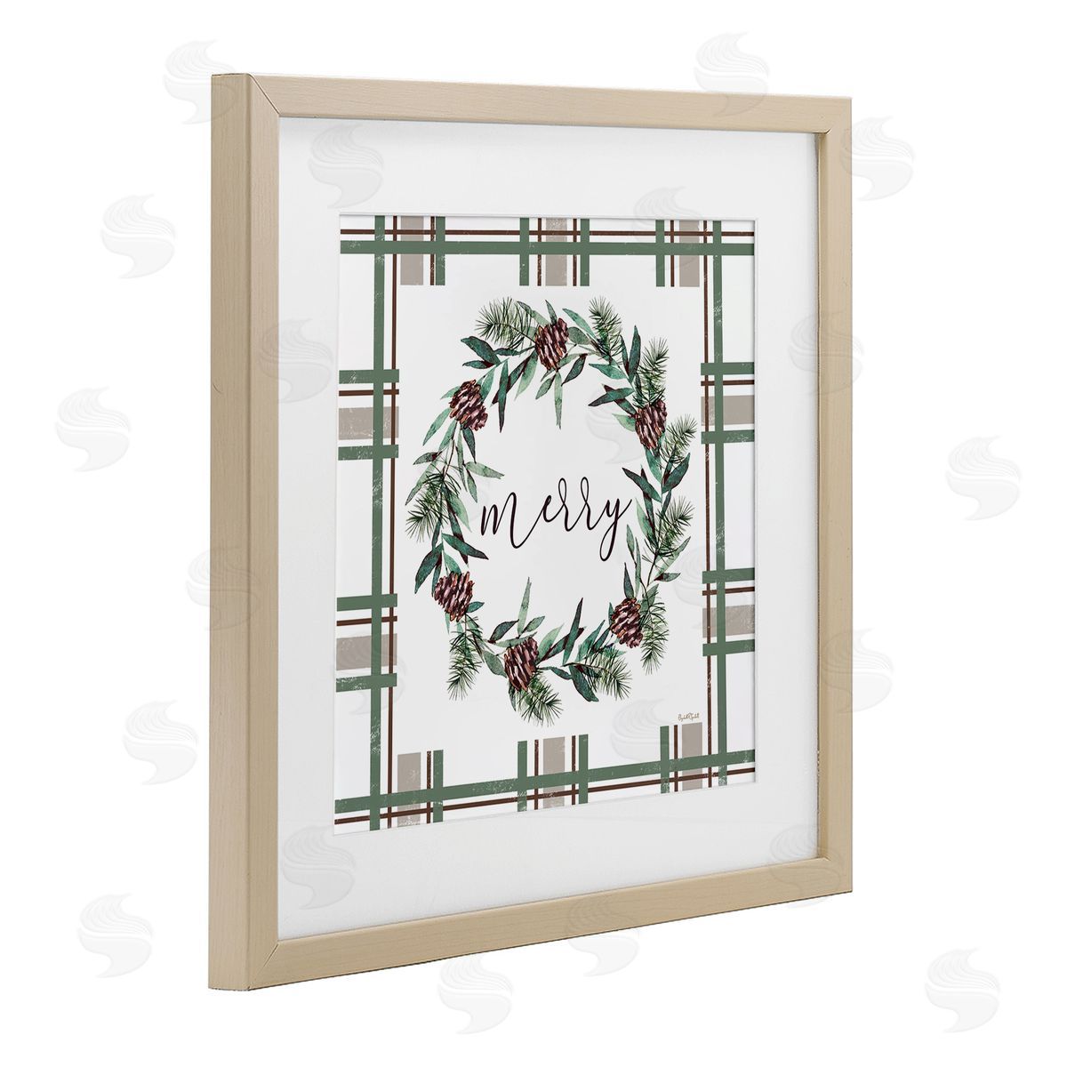 Elizabeth Tyndall Merry Wreath on Green Plaid Canvas Wall Art Print
