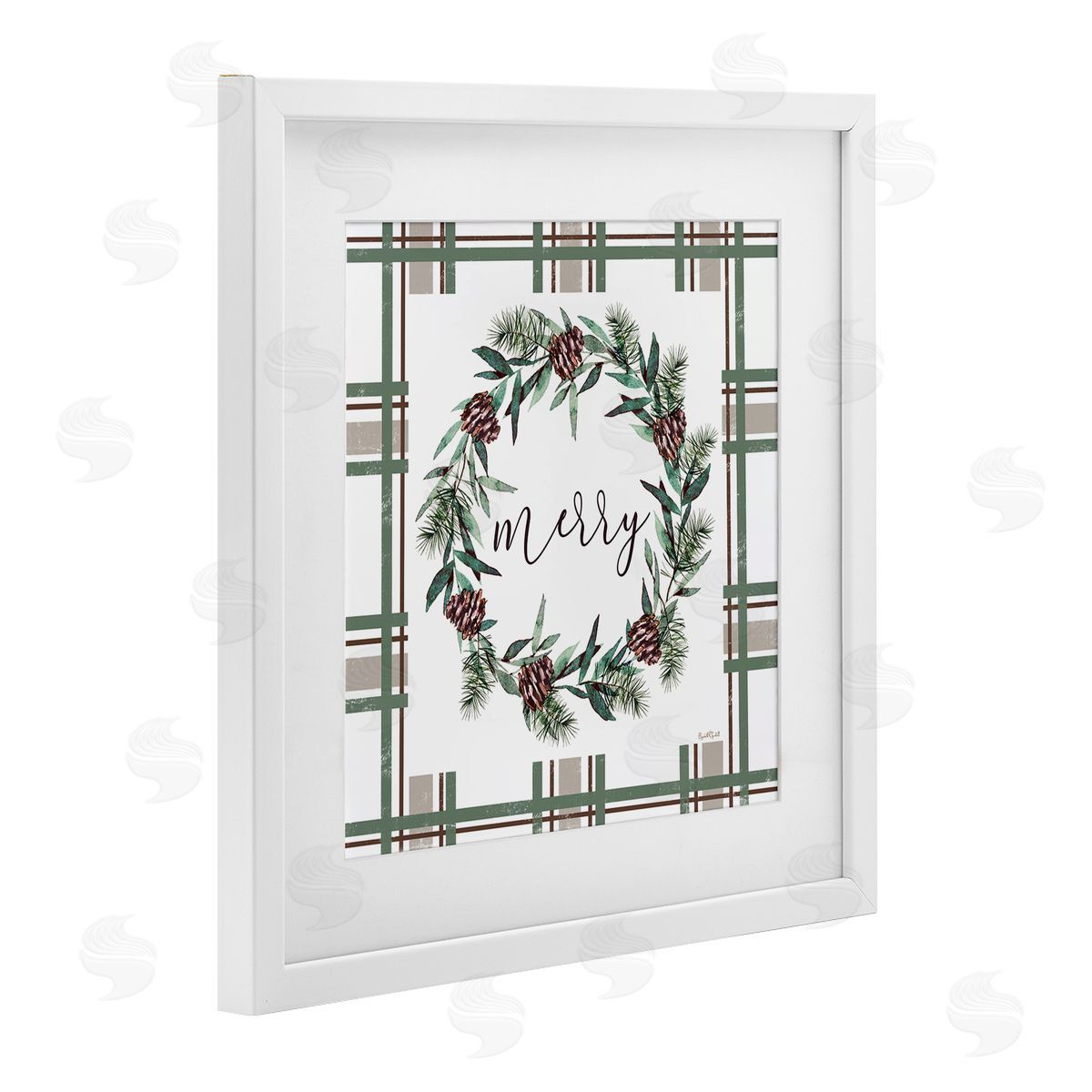 Elizabeth Tyndall Merry Wreath on Green Plaid Canvas Wall Art Print