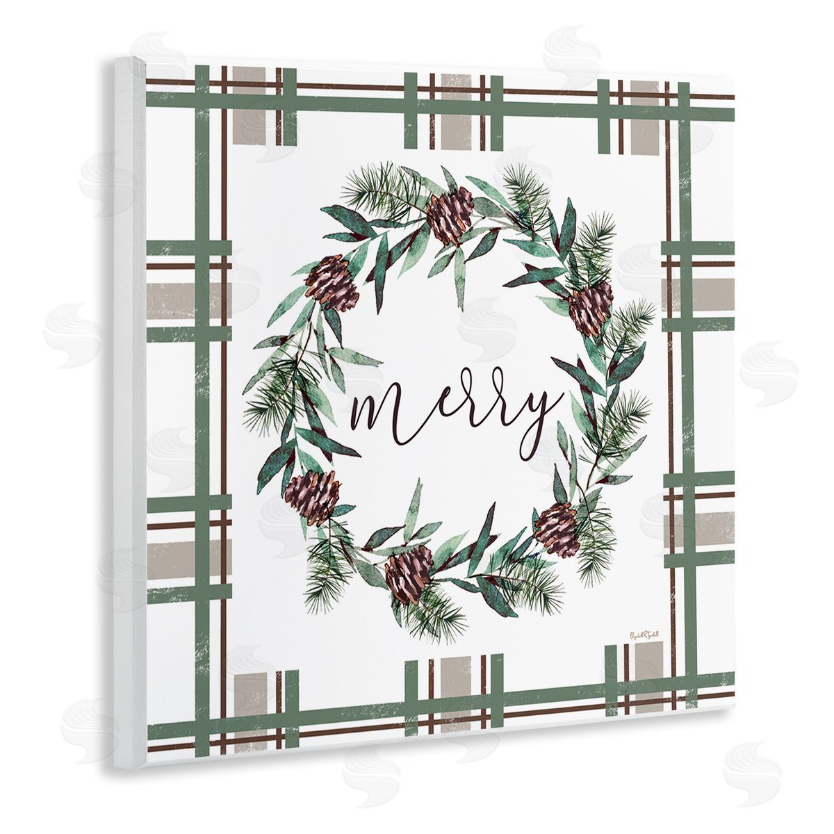 Elizabeth Tyndall Merry Wreath on Green Plaid Canvas Wall Art Print