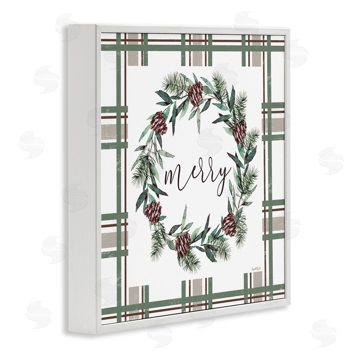 Elizabeth Tyndall Merry Wreath on Green Plaid Canvas Wall Art Print