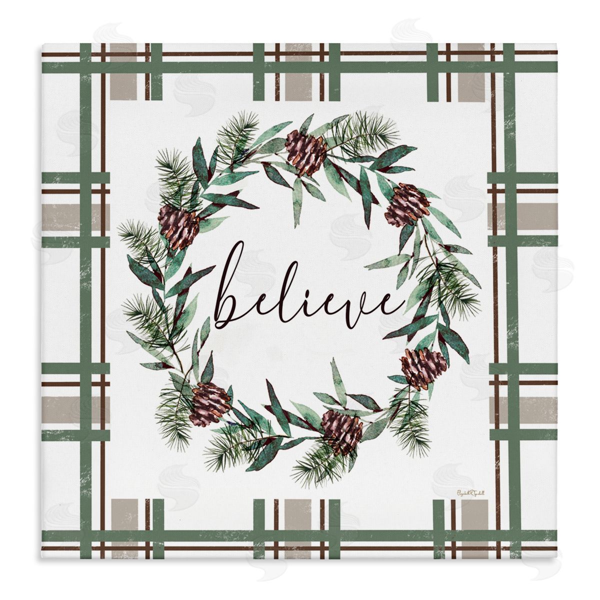 Elizabeth Tyndall Believe Wreath on Green Plaid Canvas Wall Art Print