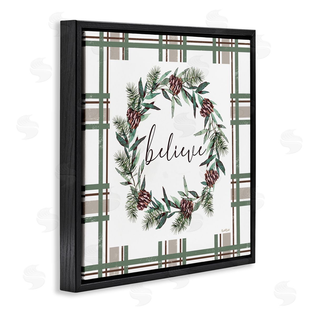 Elizabeth Tyndall Believe Wreath on Green Plaid Canvas Wall Art Print