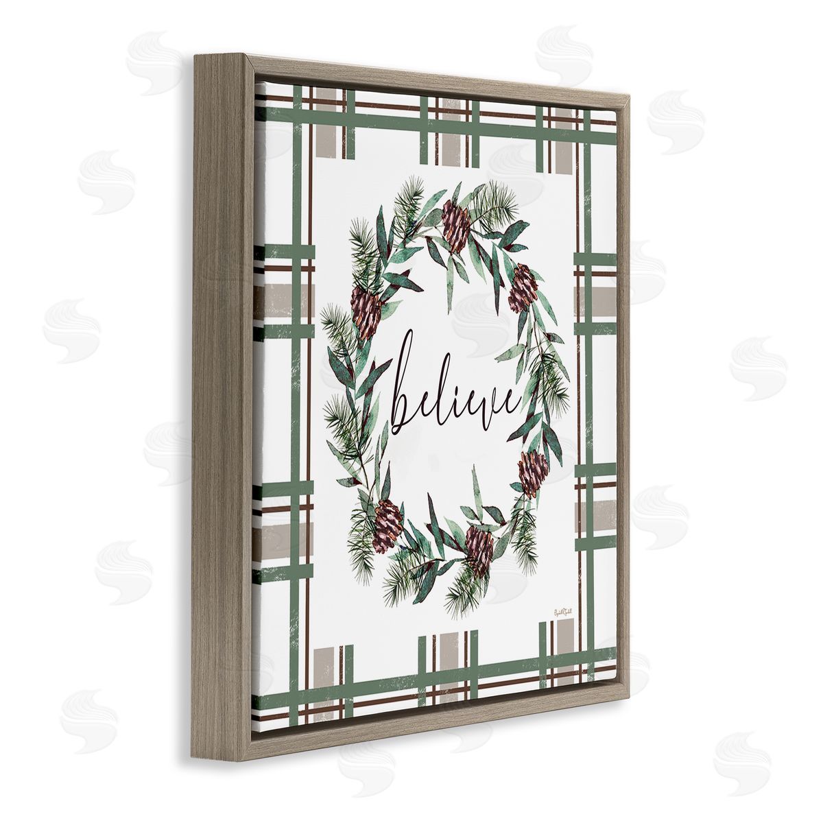 Elizabeth Tyndall Believe Wreath on Green Plaid Canvas Wall Art Print