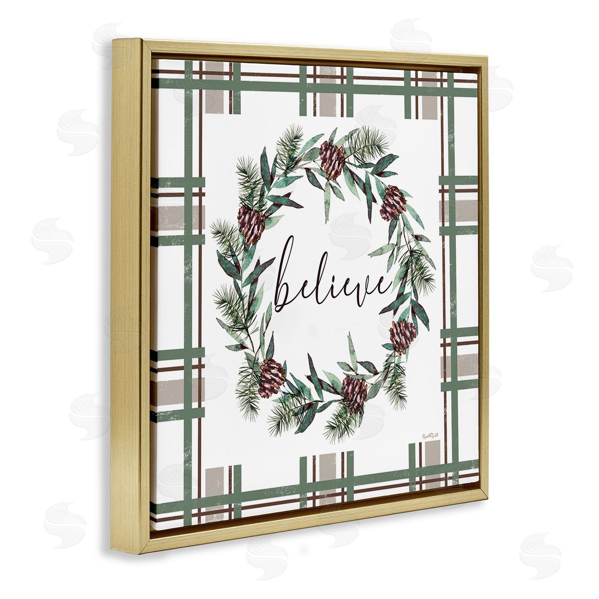 Elizabeth Tyndall Believe Wreath on Green Plaid Canvas Wall Art Print