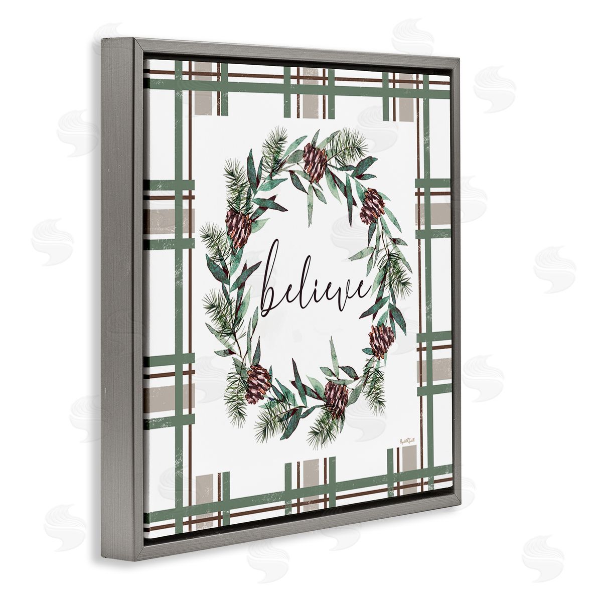 Elizabeth Tyndall Believe Wreath on Green Plaid Canvas Wall Art Print