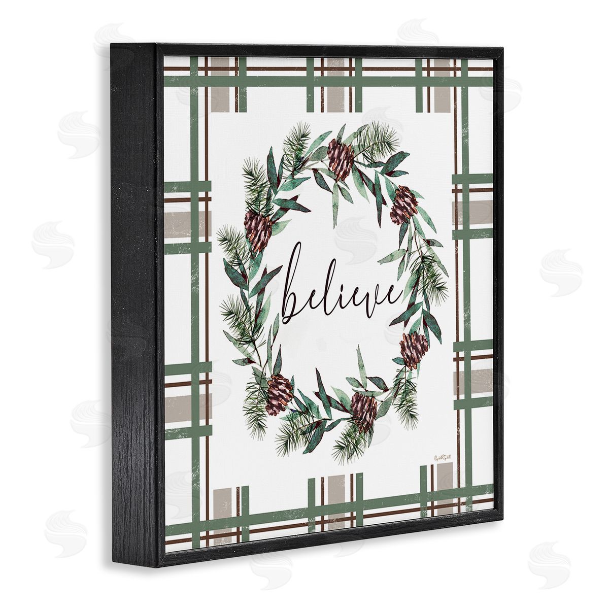 Elizabeth Tyndall Believe Wreath on Green Plaid Canvas Wall Art Print