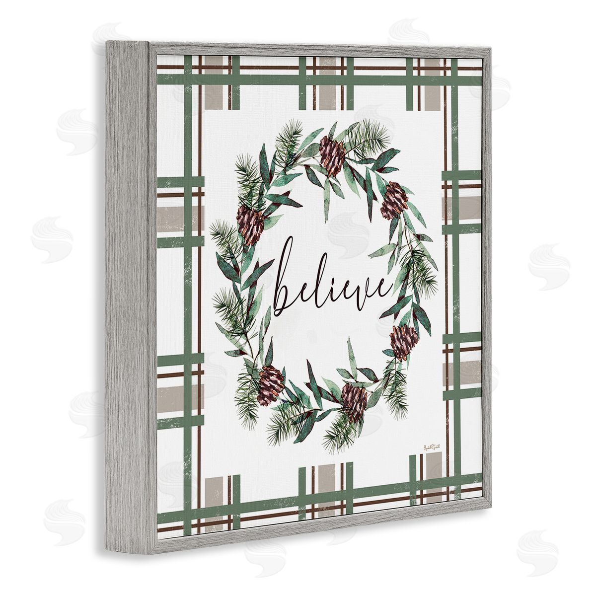 Elizabeth Tyndall Believe Wreath on Green Plaid Canvas Wall Art Print