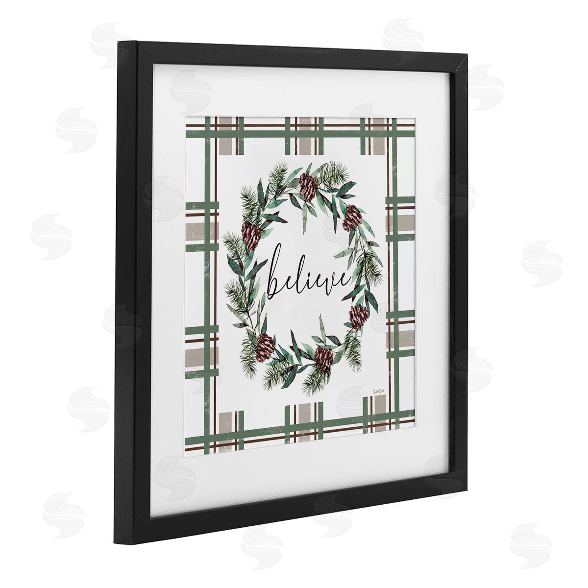 Elizabeth Tyndall Believe Wreath on Green Plaid Canvas Wall Art Print