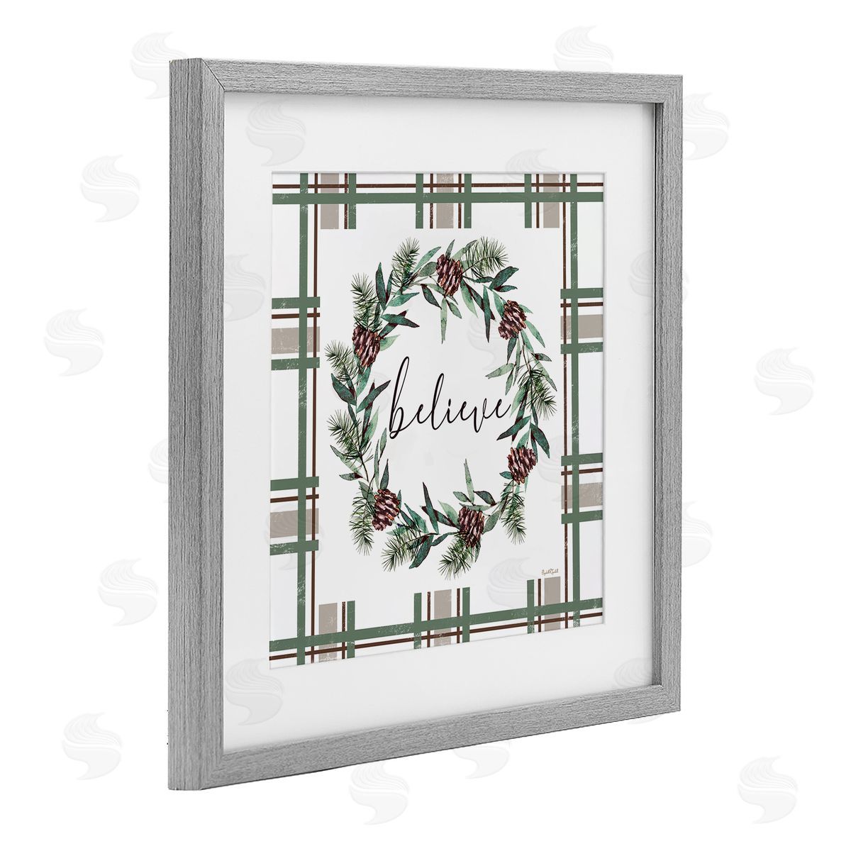 Elizabeth Tyndall Believe Wreath on Green Plaid Canvas Wall Art Print