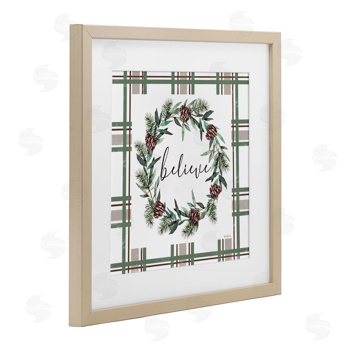 Elizabeth Tyndall Believe Wreath on Green Plaid Canvas Wall Art Print