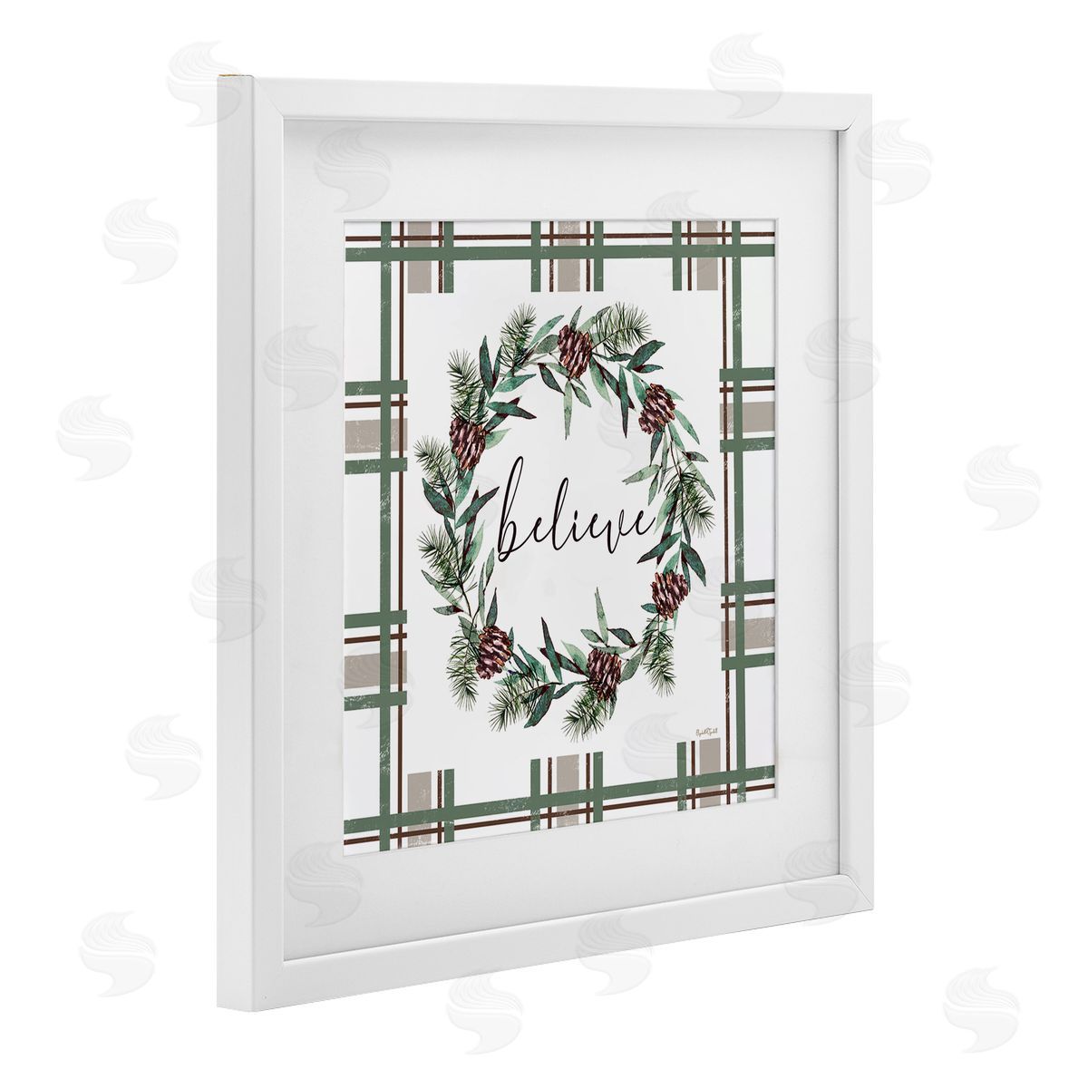 Elizabeth Tyndall Believe Wreath on Green Plaid Canvas Wall Art Print
