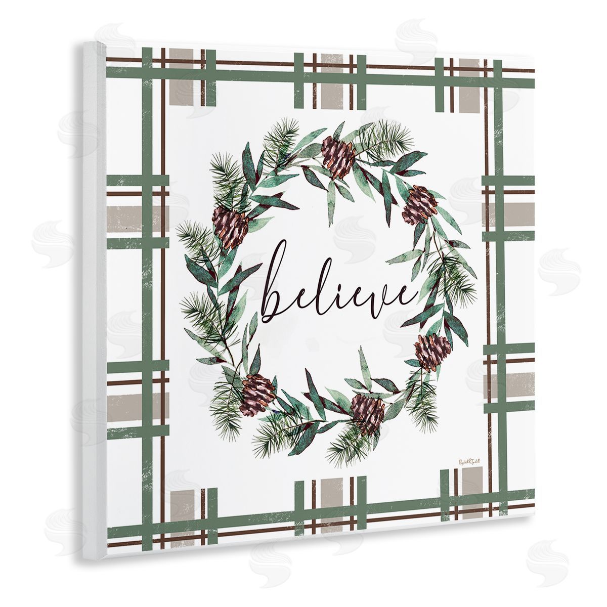 Elizabeth Tyndall Believe Wreath on Green Plaid Canvas Wall Art Print