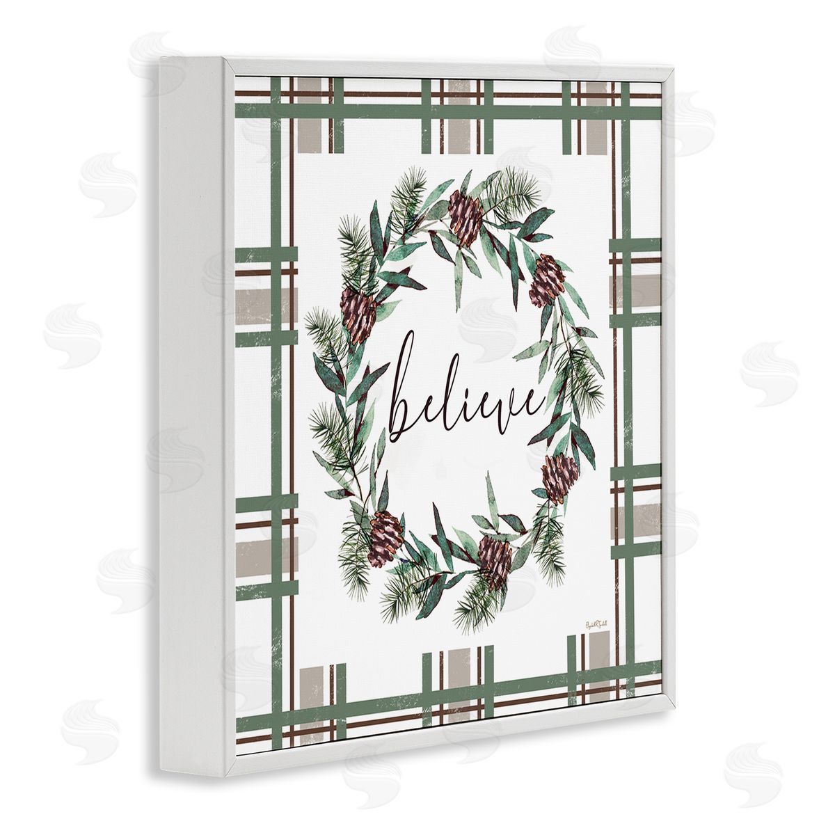 Elizabeth Tyndall Believe Wreath on Green Plaid Canvas Wall Art Print