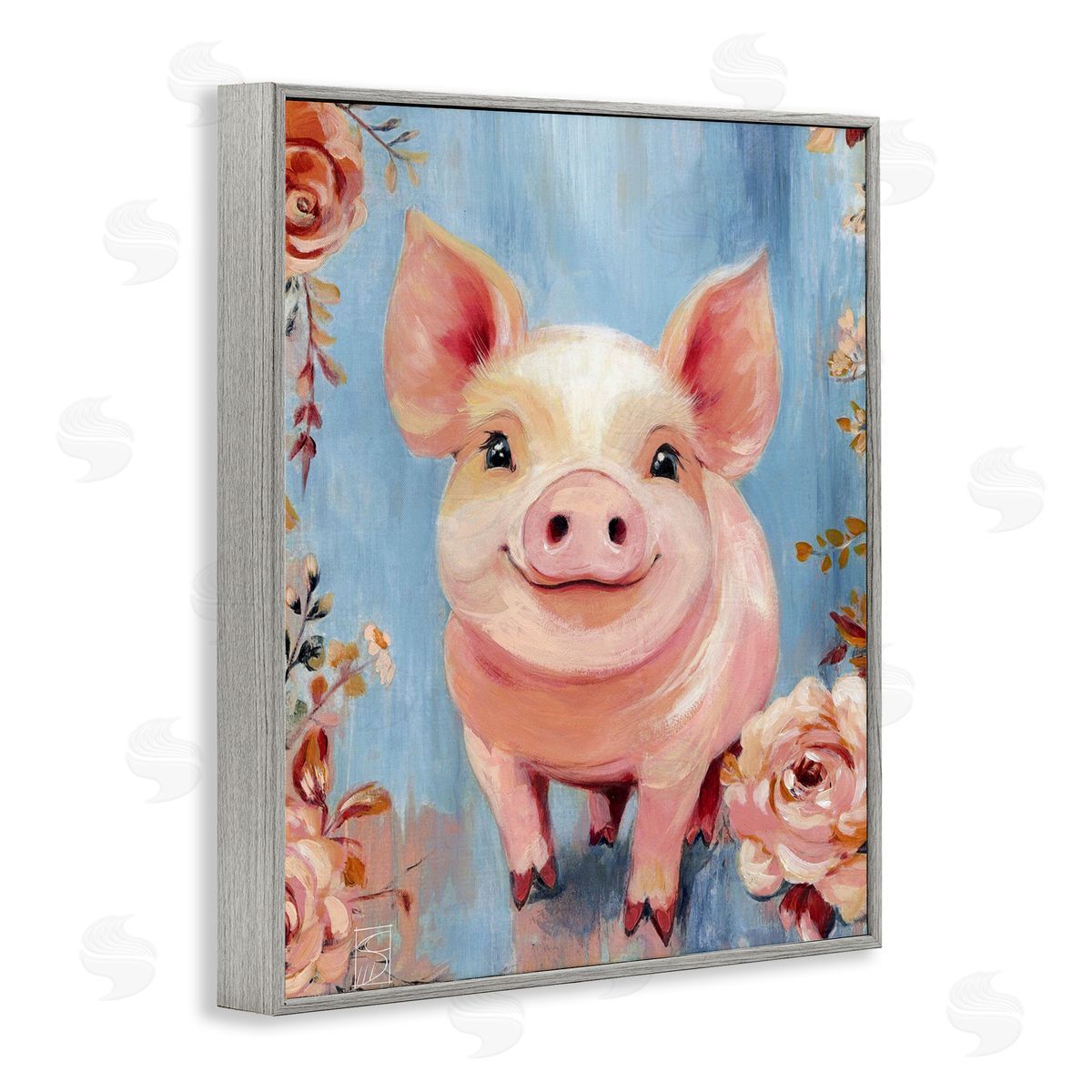 Sara Culpepper Smiling Pig & Flowers Canvas Wall Art Print