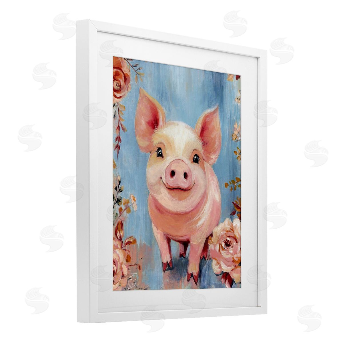 Sara Culpepper Smiling Pig & Flowers Canvas Wall Art Print