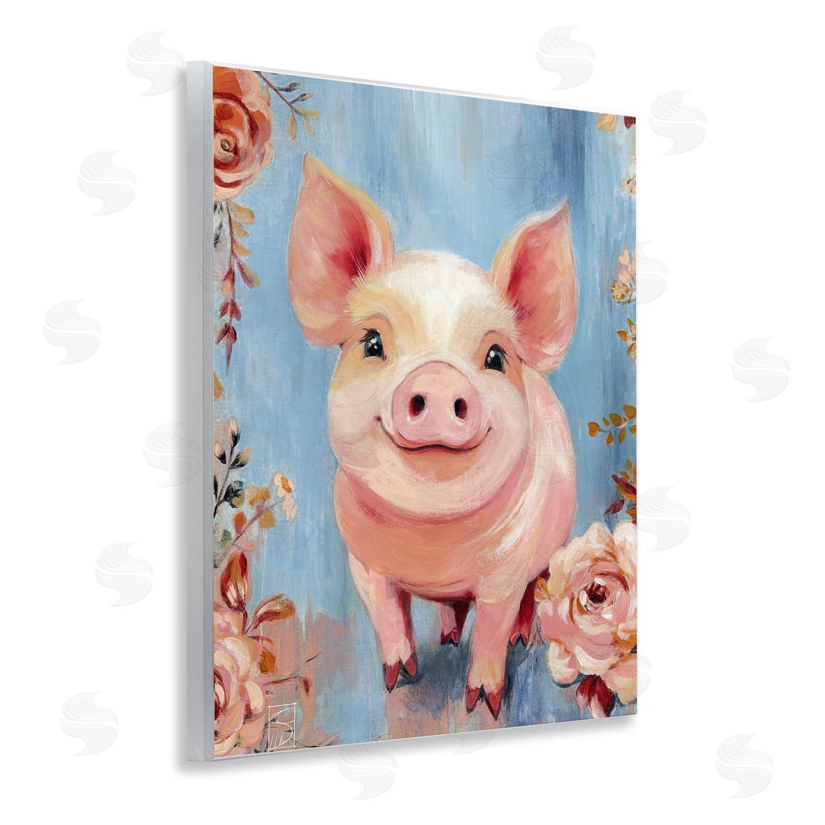 Sara Culpepper Smiling Pig & Flowers Canvas Wall Art Print