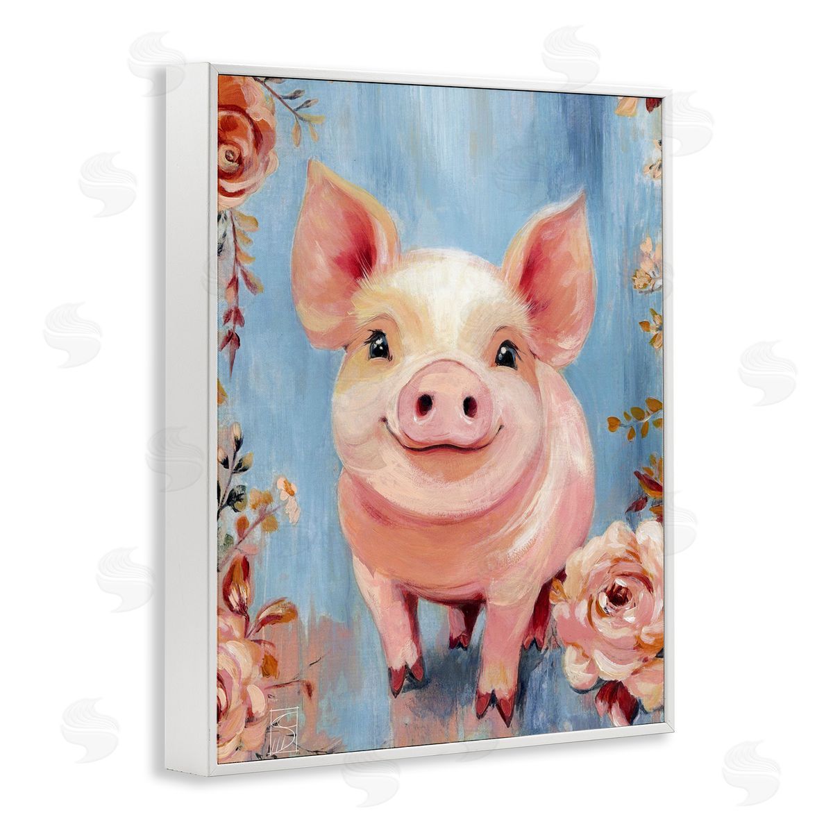 Sara Culpepper Smiling Pig & Flowers Canvas Wall Art Print