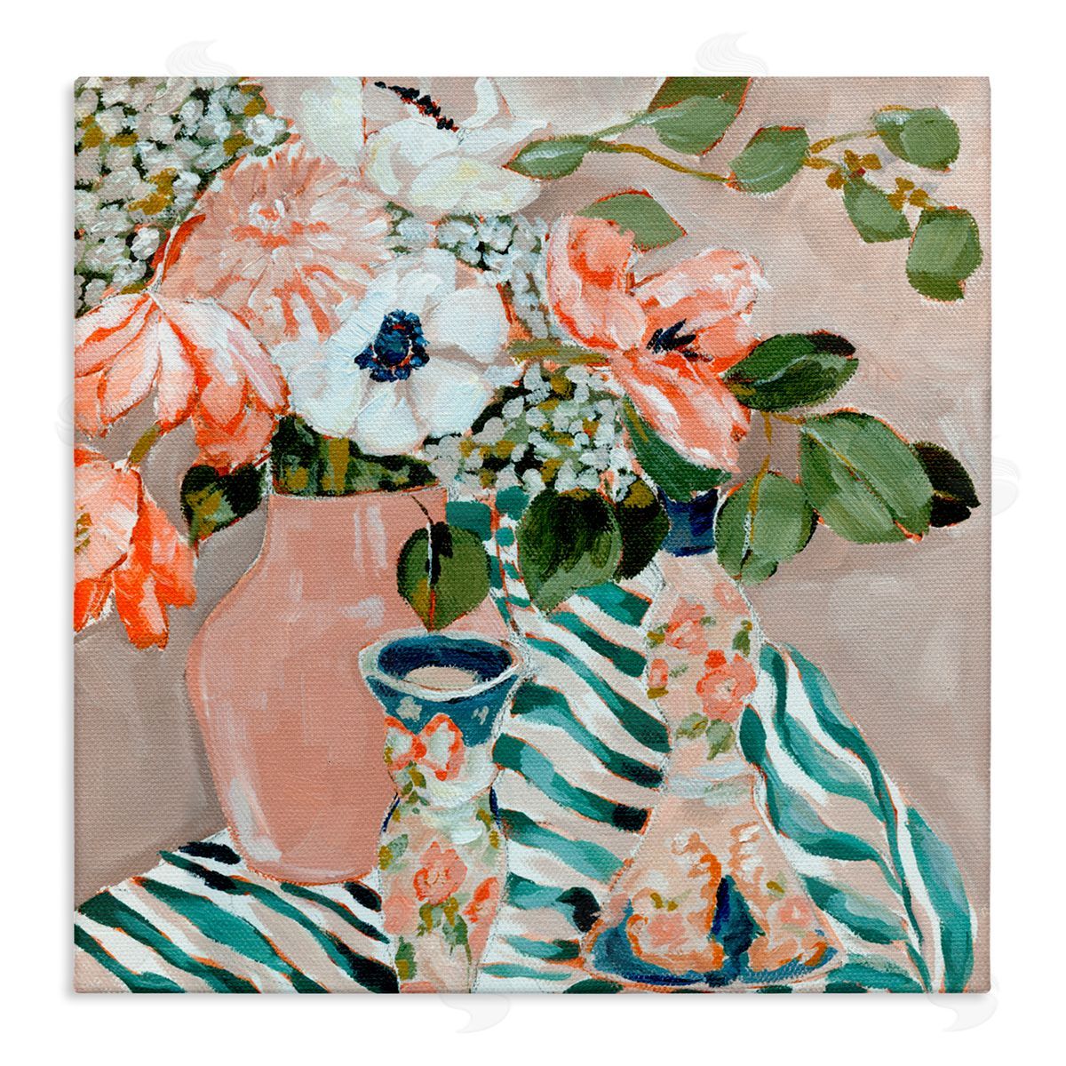Annie Quigley Rosy Florals with Stripes Canvas Wall Art Print