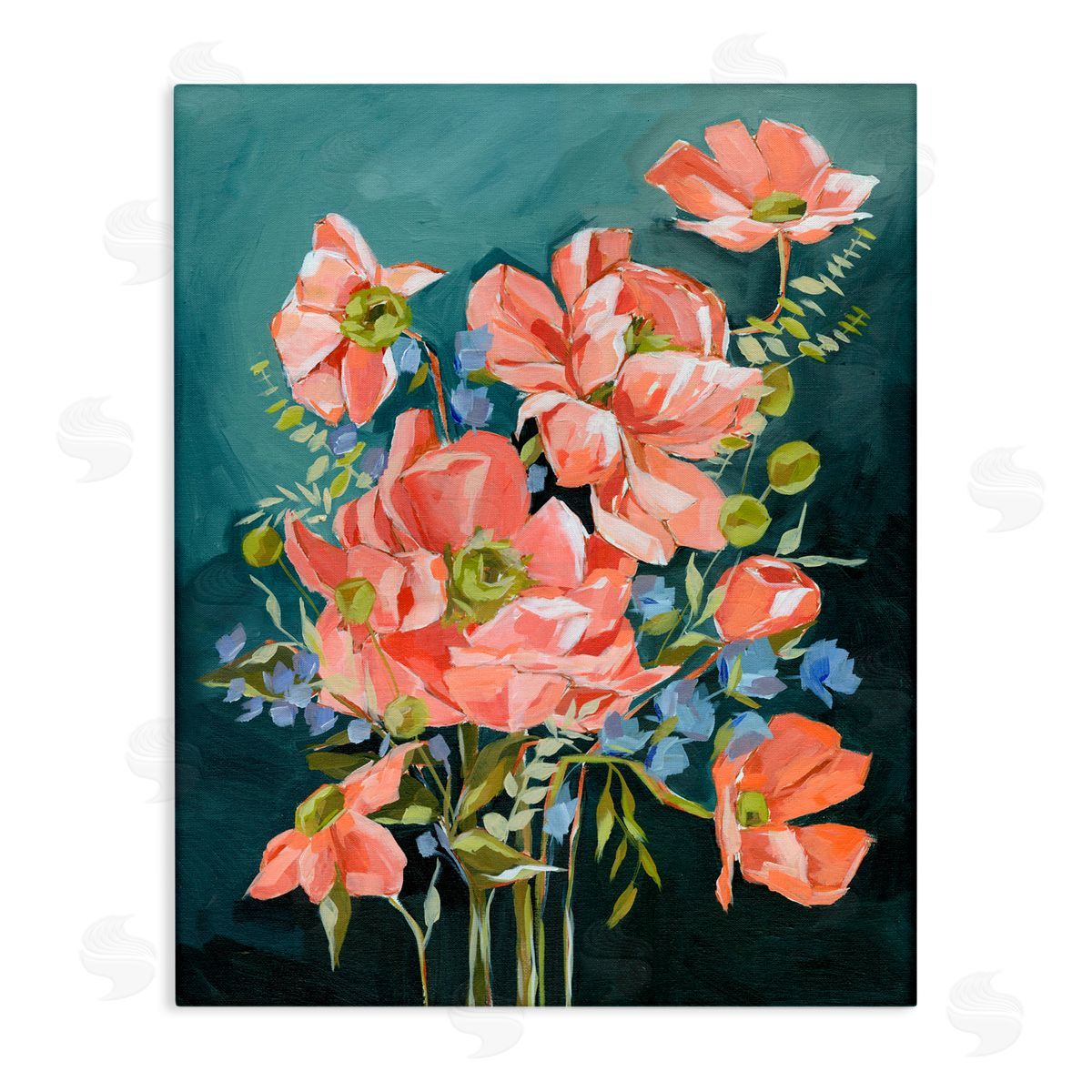 Annie Quigley Rich Pink Flowers on Blue Canvas Wall Art Print
